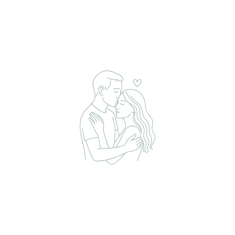 Minimalist line drawings of couples in romantic poses with hearts.
