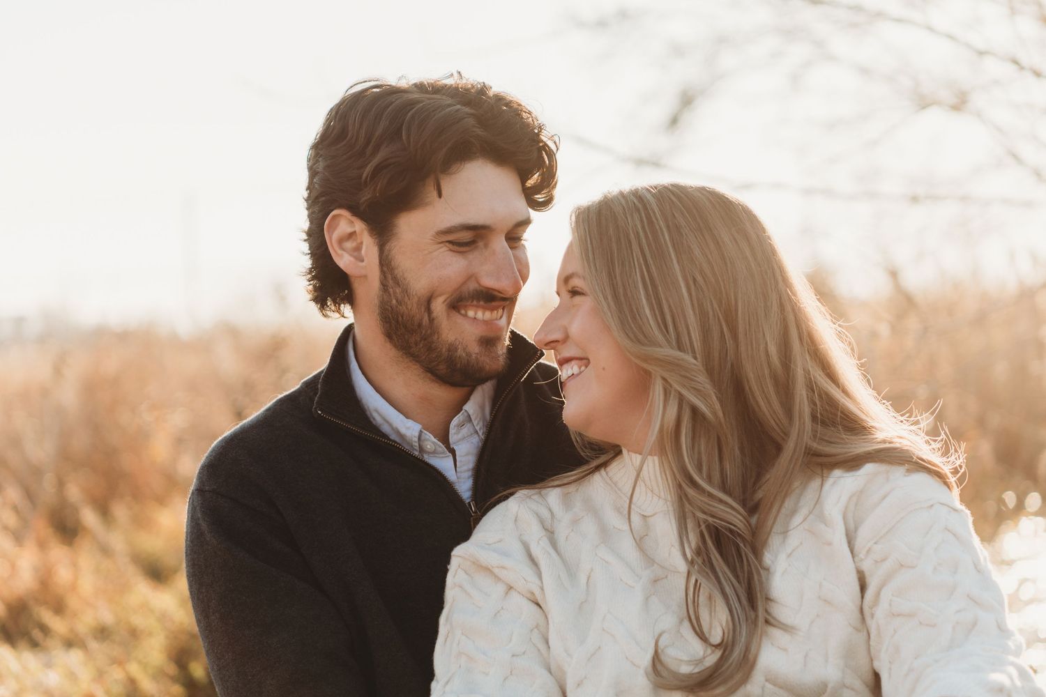 Series of romantic engagement photos showing a couple in casual attire during sunset.