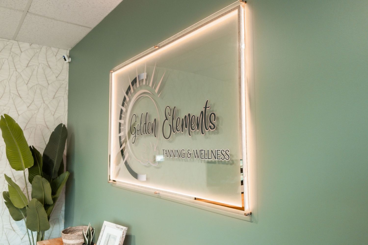 Modern office interior with mint green walls and illuminated signage.