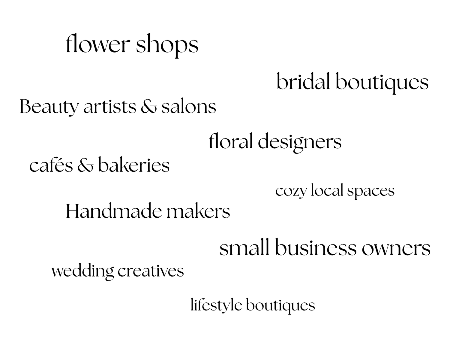 Text layout featuring different business categories in modern typography design.
