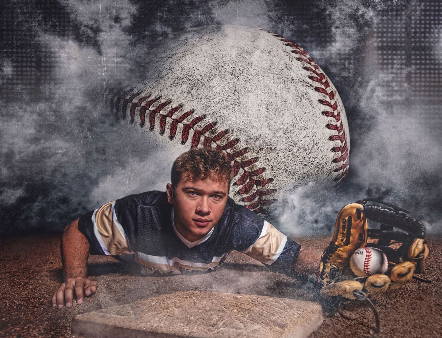 Baseball player diving into home plate with a dramatic oversized baseball and dust cloud composite background.