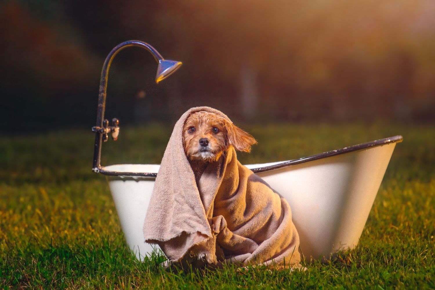 Small brown dog wrapped in a towel sitting in an outdoor bathtub on grass.