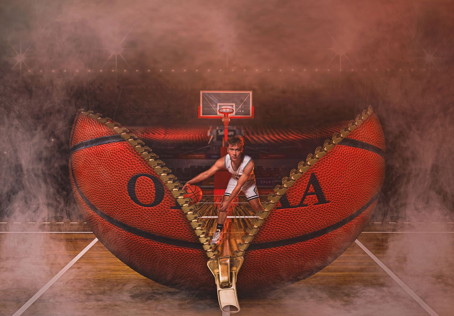 A basketball player emerges from a giant unzipped basketball on a court surrounded by dramatic smoke.