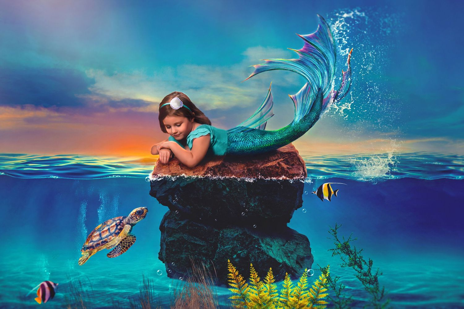 Young girl digitally composited as a mermaid sitting on a rock in an underwater scene.