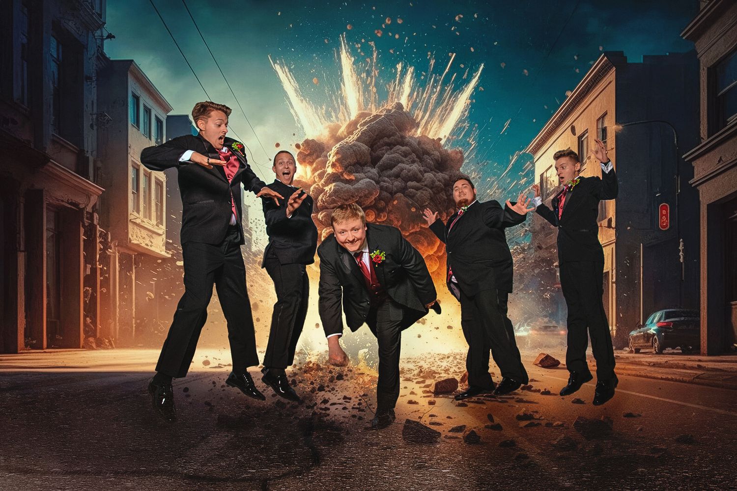 Creative groomsmen photo with explosion special effects on a city street in dramatic action pose.