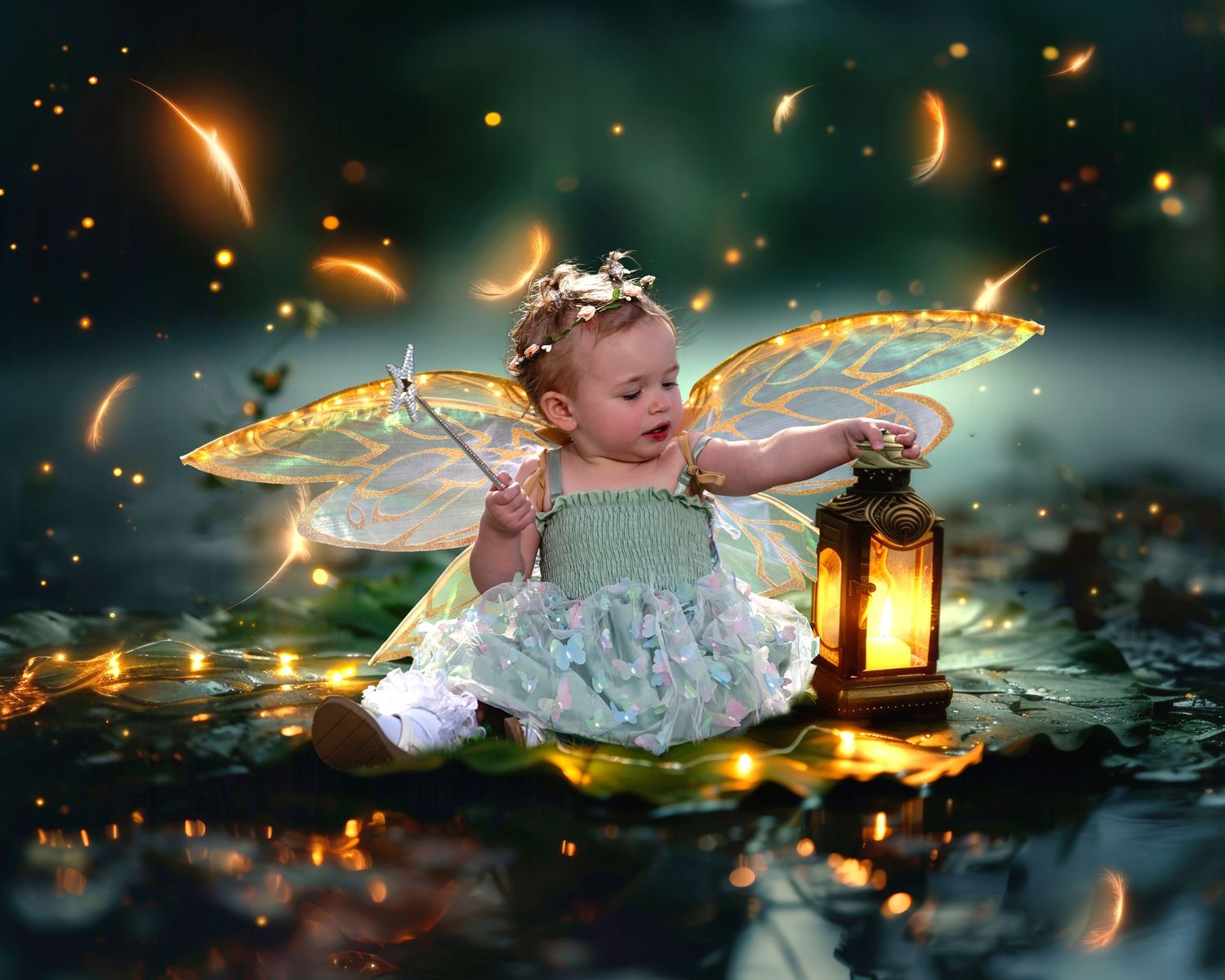 Baby dressed as a fairy with golden wings holding a lantern on a lily pad.