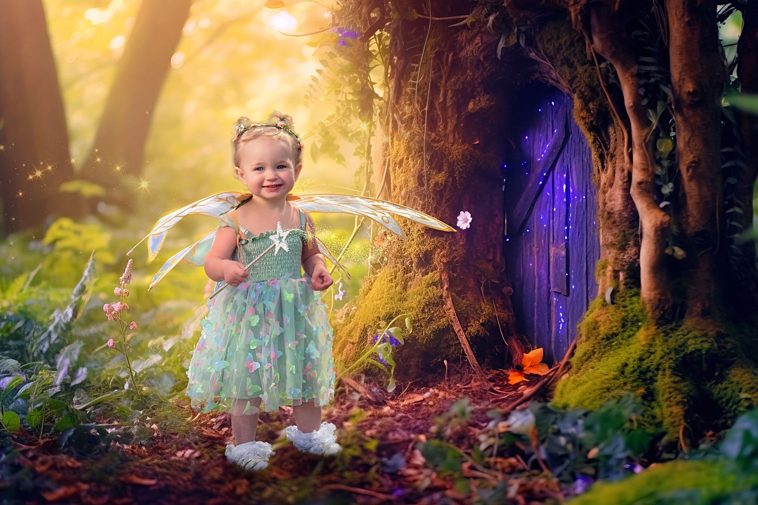 A smiling little girl dressed as a fairy with wings stands near a magical tree door in an enchanted forest.