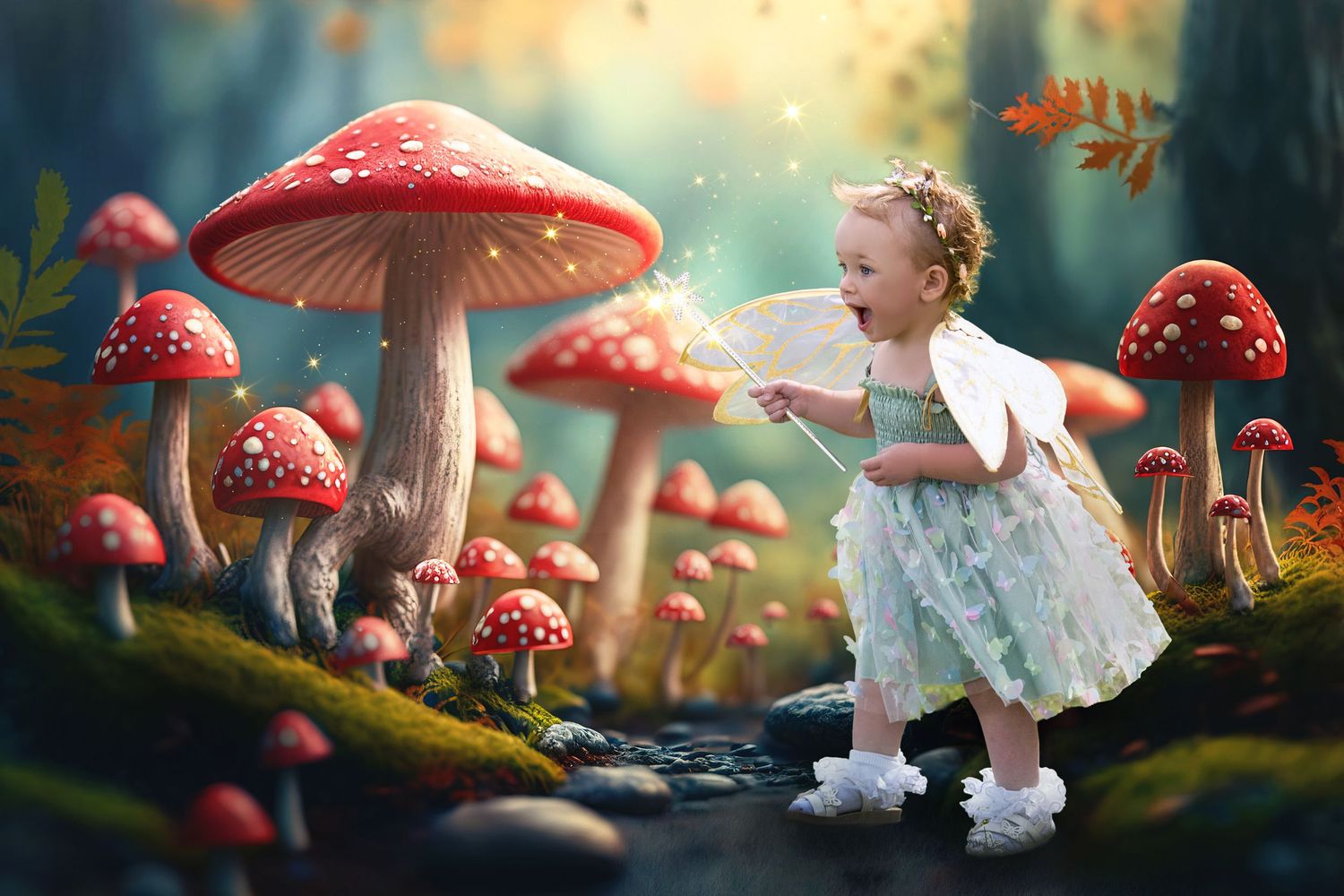 Toddler girl in fairy costume exploring a magical forest with giant red mushrooms.