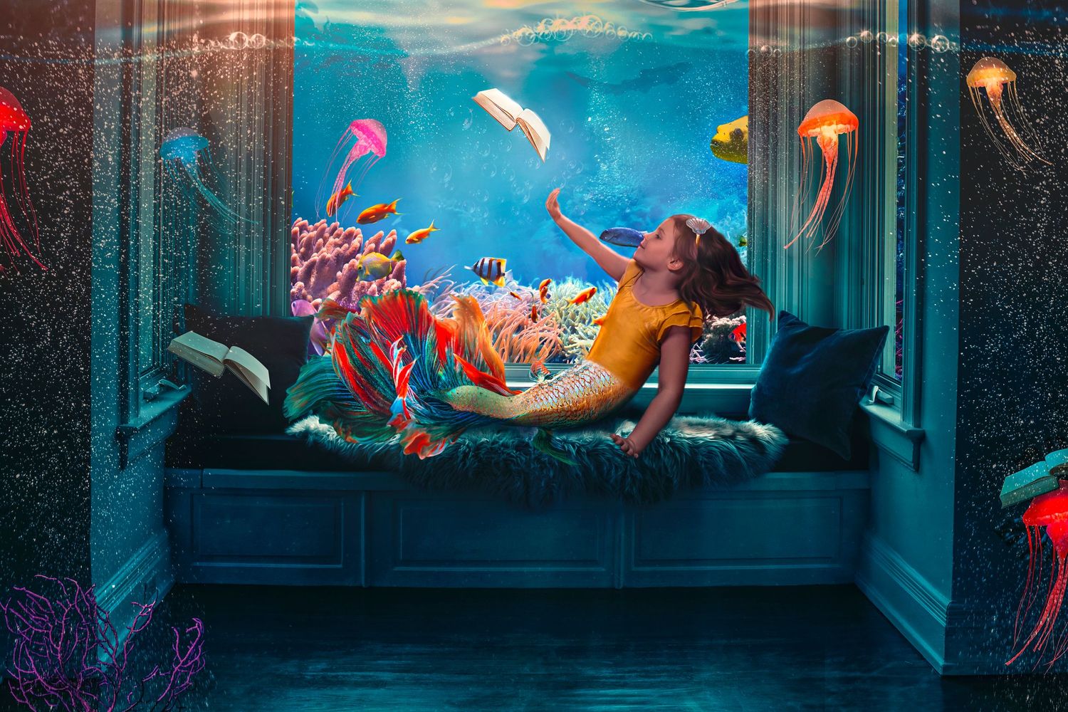 A woman dressed as a mermaid reclines on a window seat surrounded by colorful jellyfish in an aquatic scene.