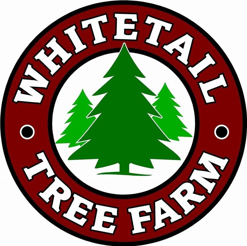 Circular logo for Whitetail Tree Farm featuring green pine trees on a dark red background.