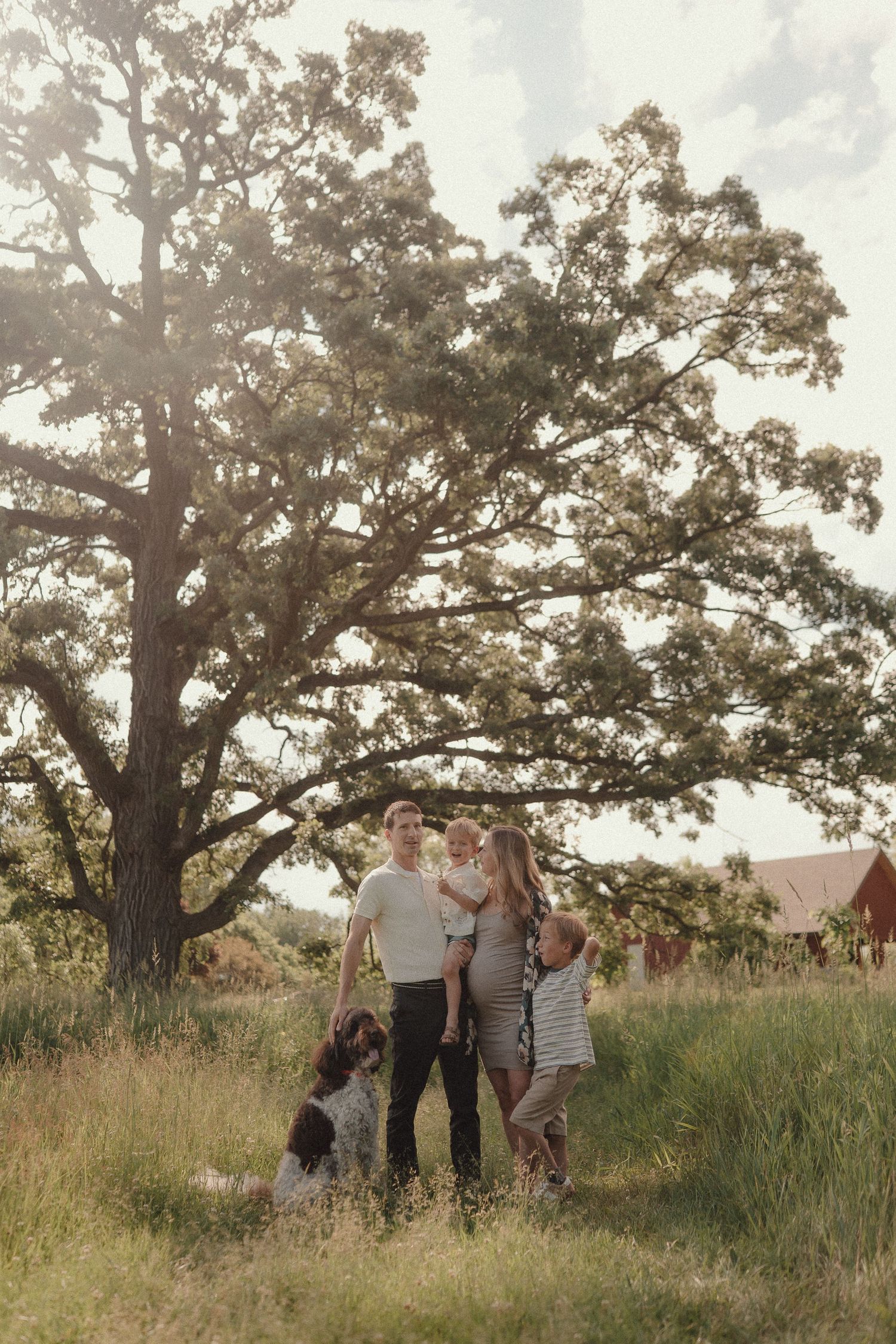 Family enjoying sunny day in green meadow under large oak tree with red barn behind them.