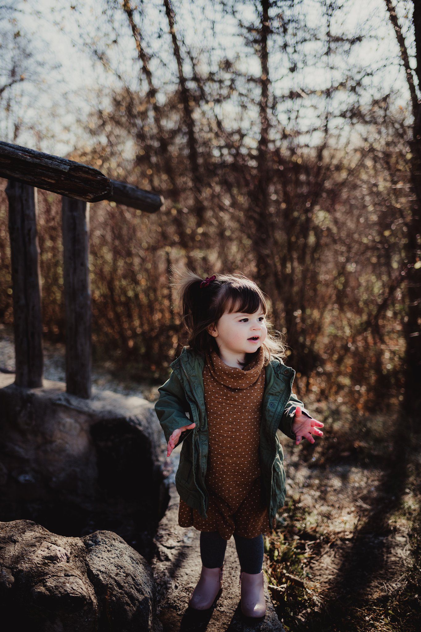 A child in a green jacket and brown dress stands on rocks in a wooded outdoor setting.
