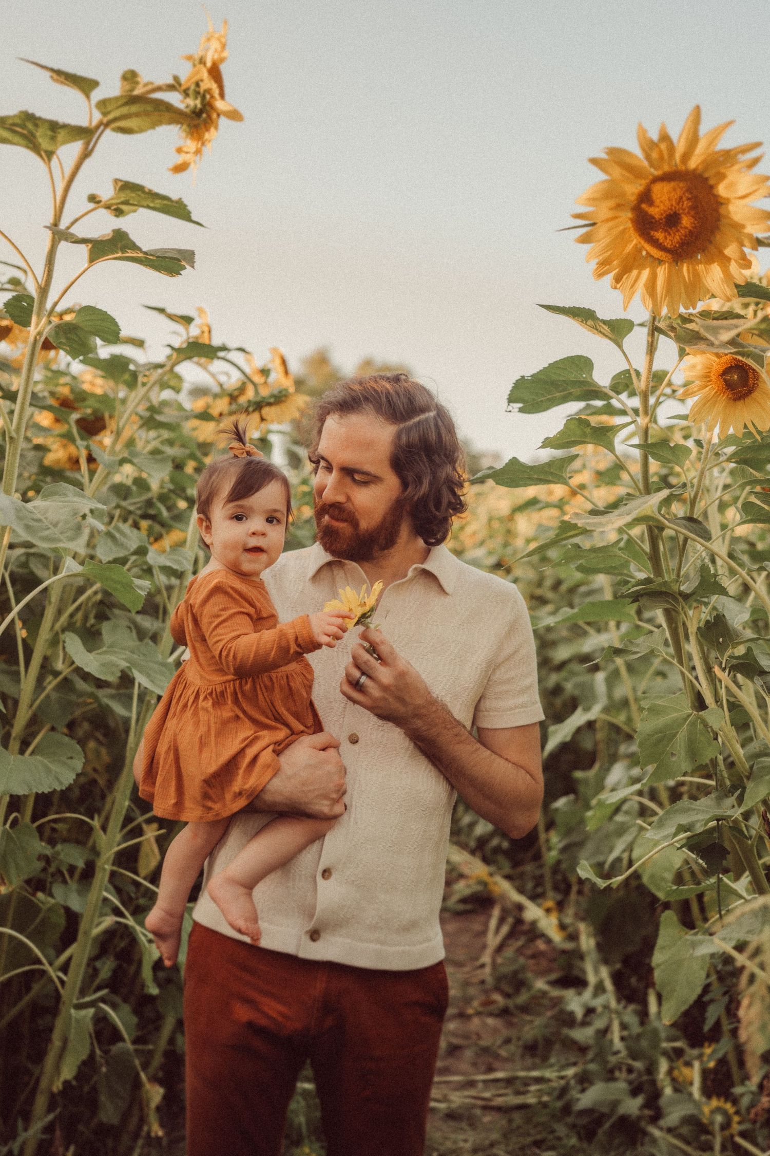 People standing among tall sunflowers at sunset in a rustic field setting.