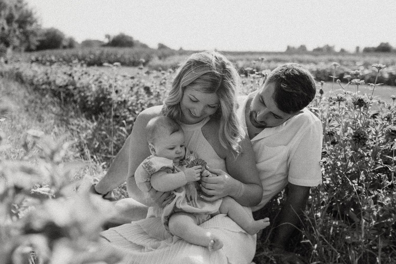 An intimate black and white family portrait taken in a flowering meadow.