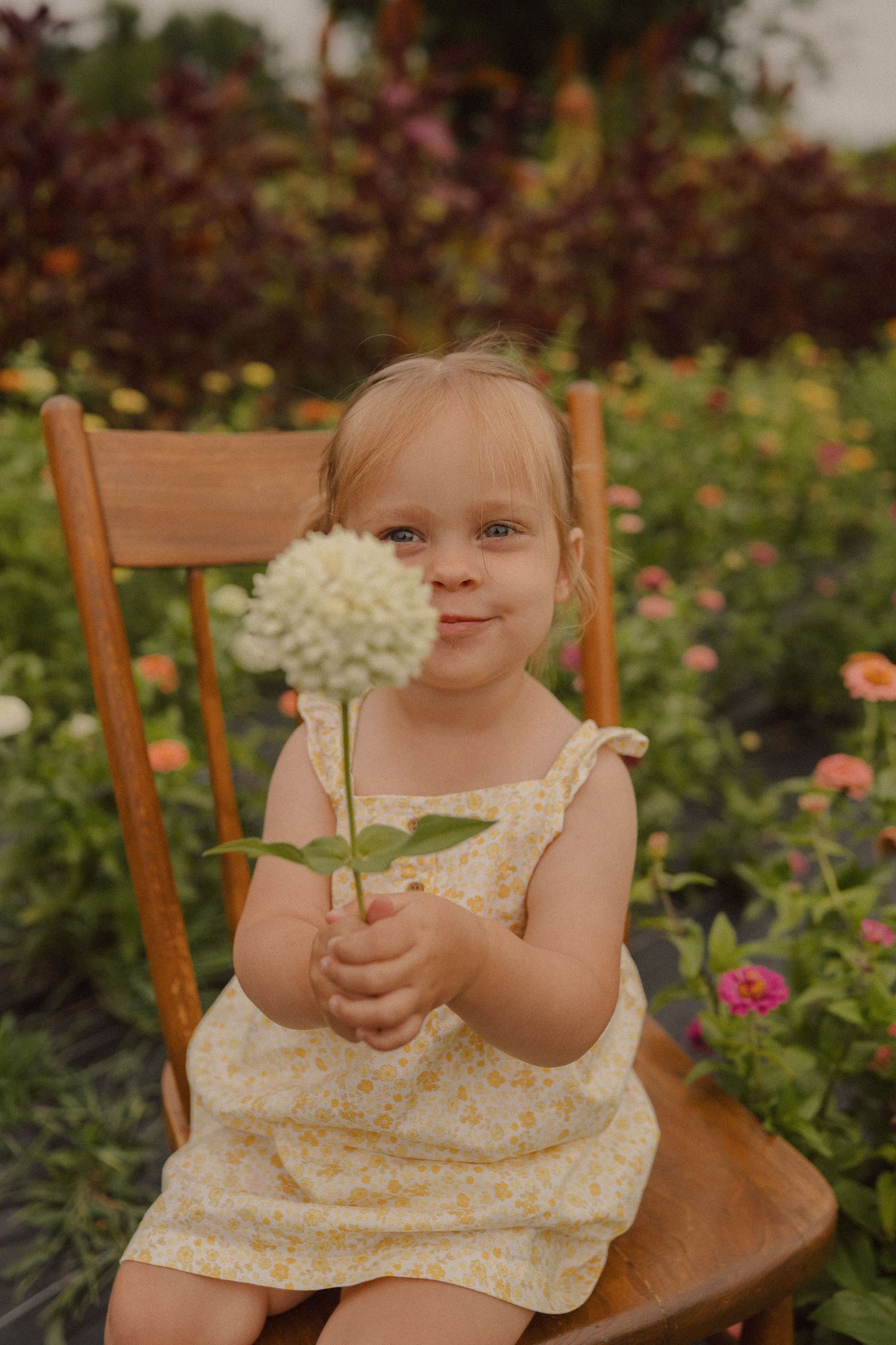 A child holds a white flower while sitting in a wooden chair surrounded by a colorful garden.