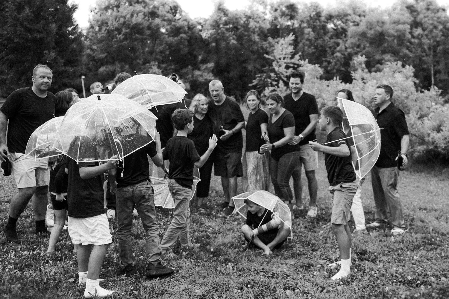 Fun group photo sequence showing people playing games and being playful outdoors.