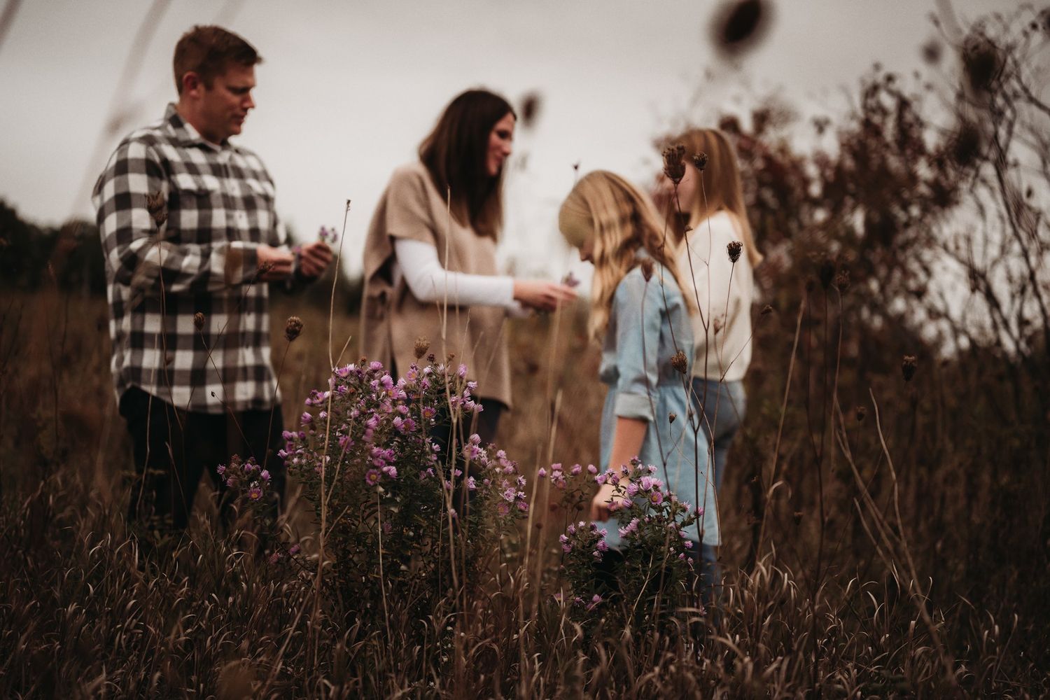 Family gathered around purple wildflowers in a moody outdoor setting.