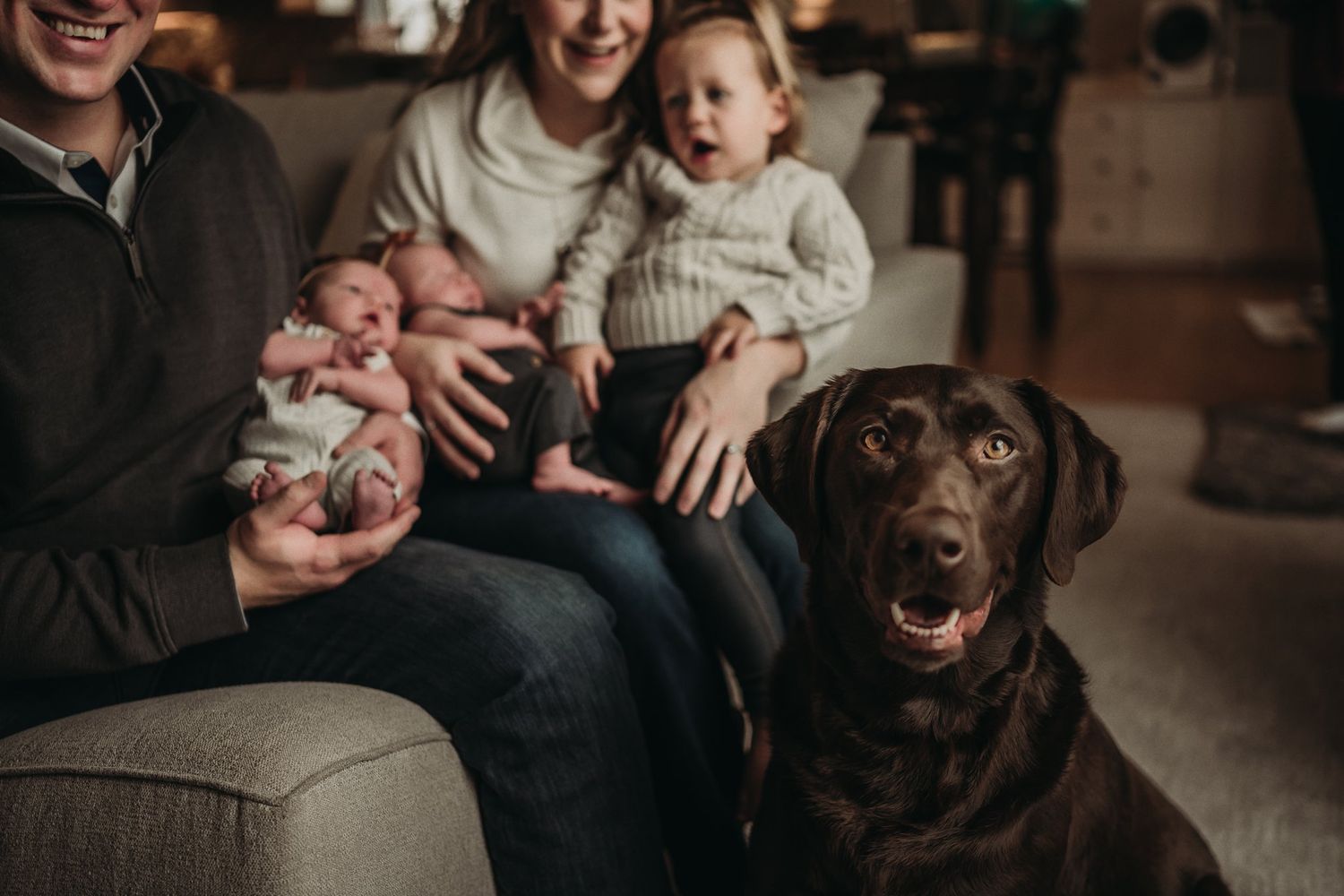 Family sitting on couch with babies and chocolate lab dog looking at camera.