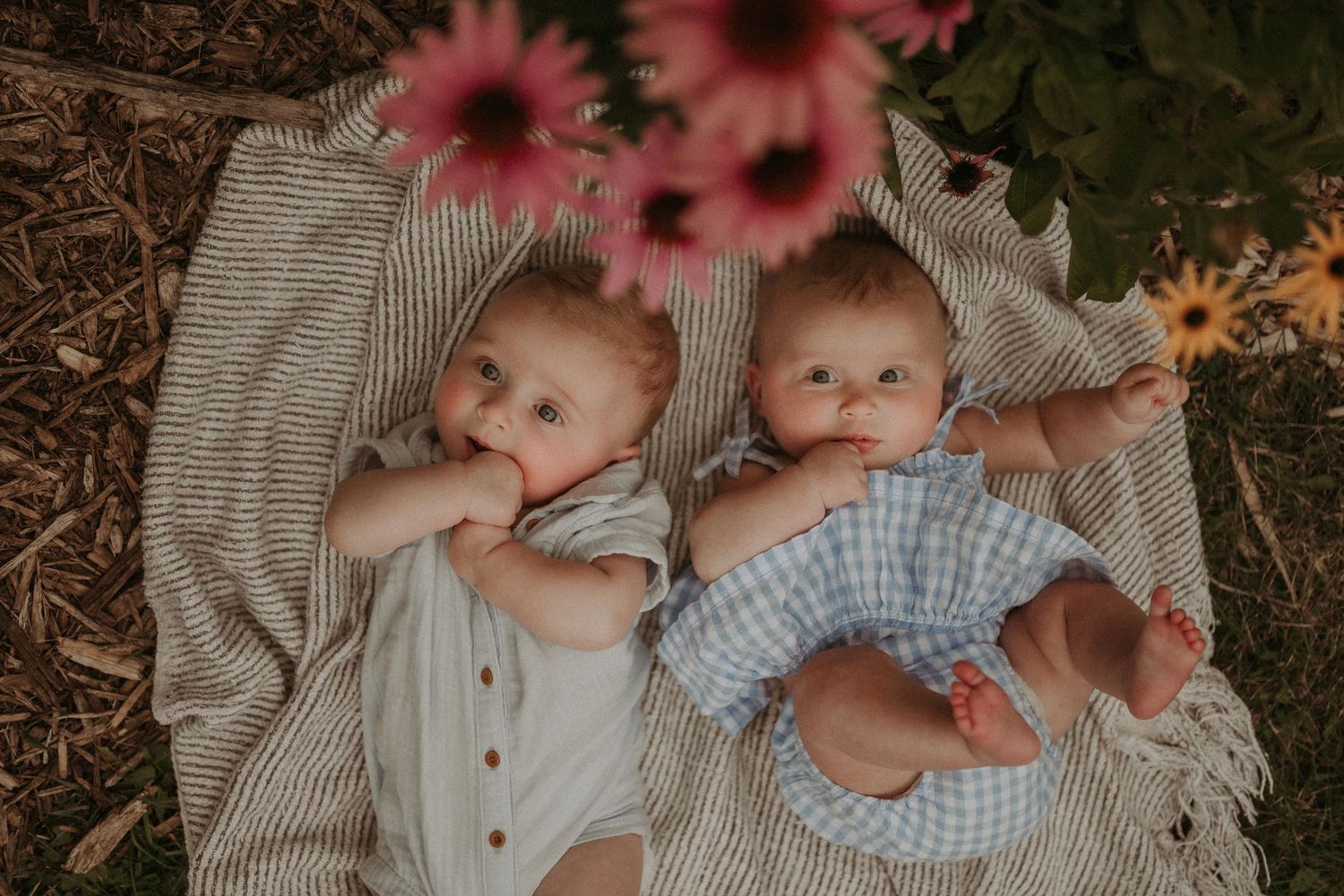 Two infants lying on a blanket with pink flowers overhead in an outdoor garden setting.