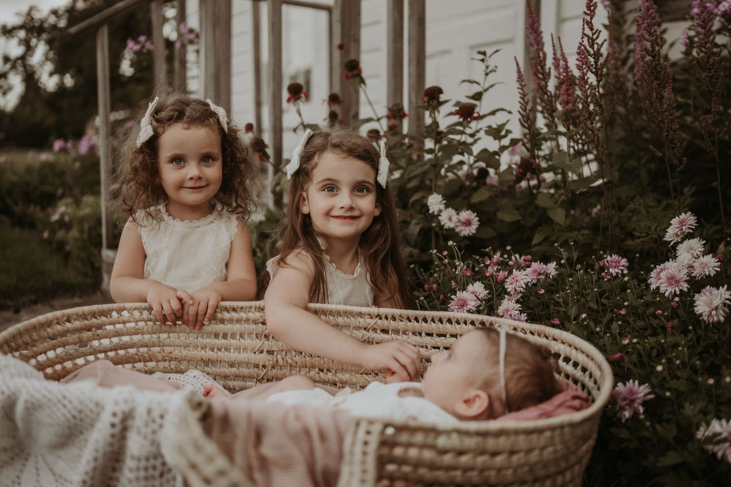 Children peek over edge of large woven basket in garden with pink roses.