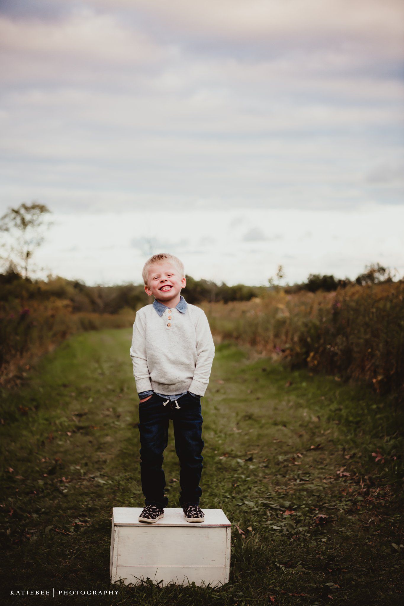 Child standing on white wooden box outdoors with cloudy sky and natural path background.