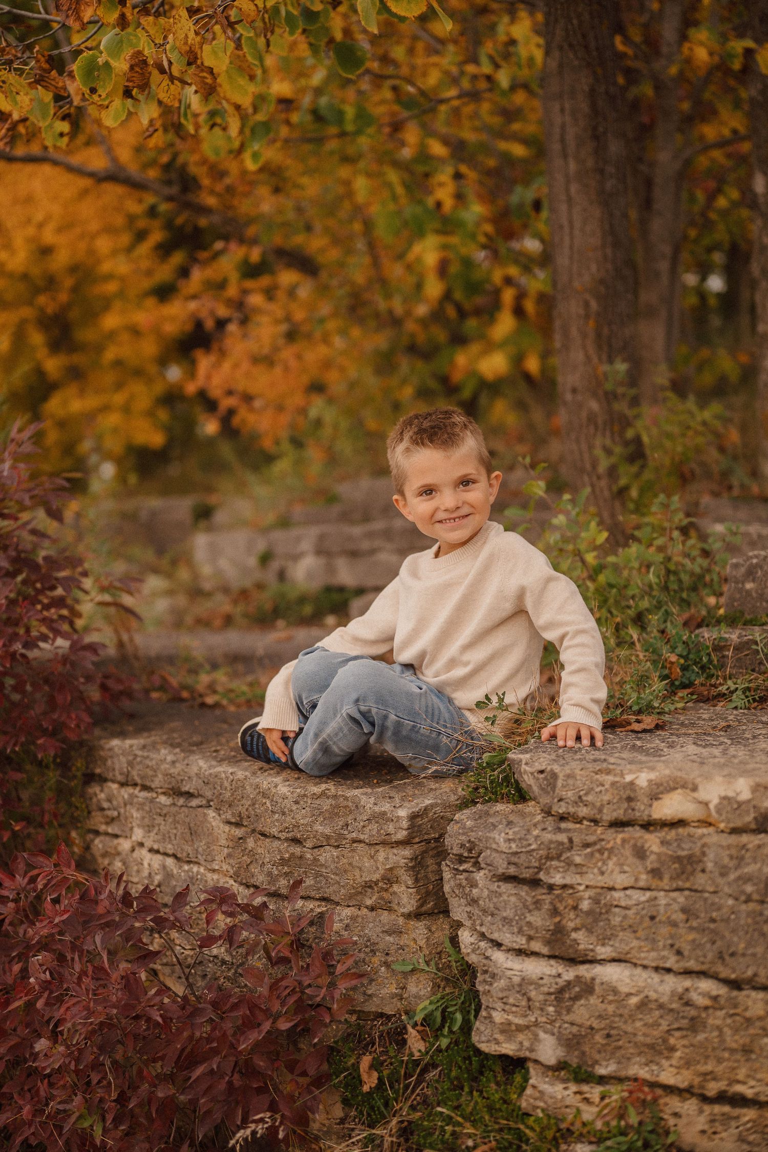 Child sitting on a natural stone wall surrounded by autumn foliage in a park setting.