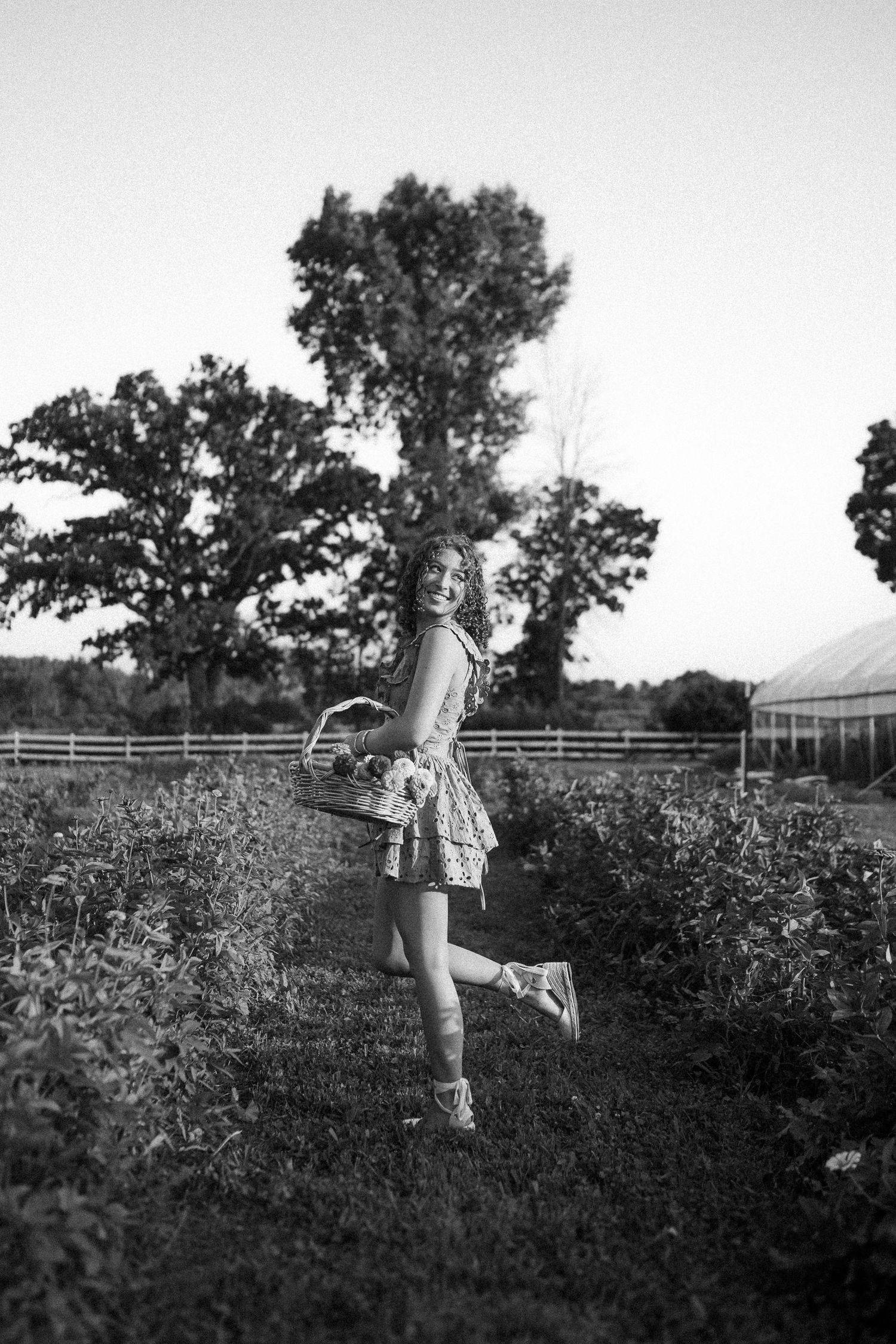 A vintage black and white photo showing someone wearing a dress holding a basket in a garden setting.
