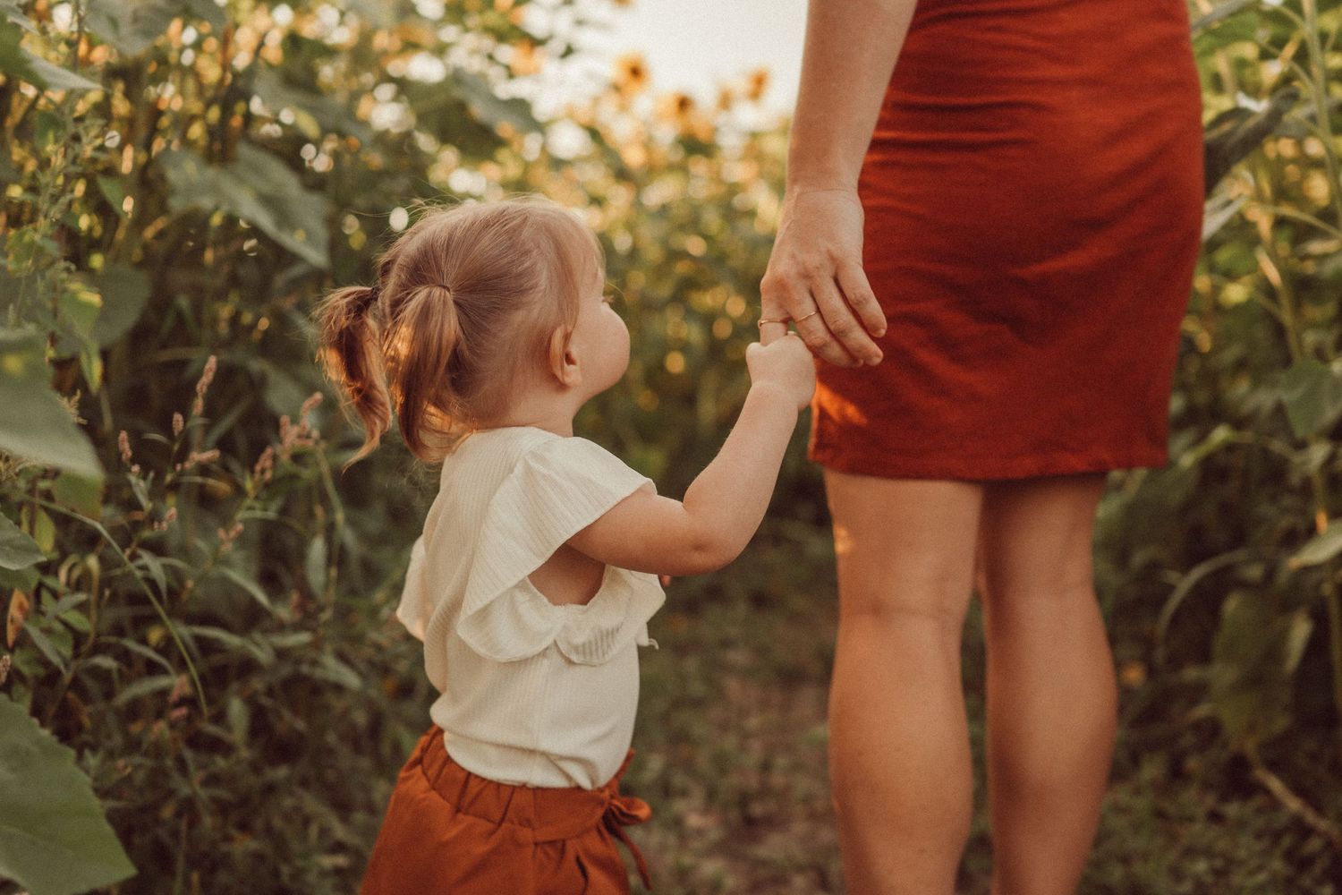 Small child holding hands with adult figure in a sunset garden filled with lush greenery.
