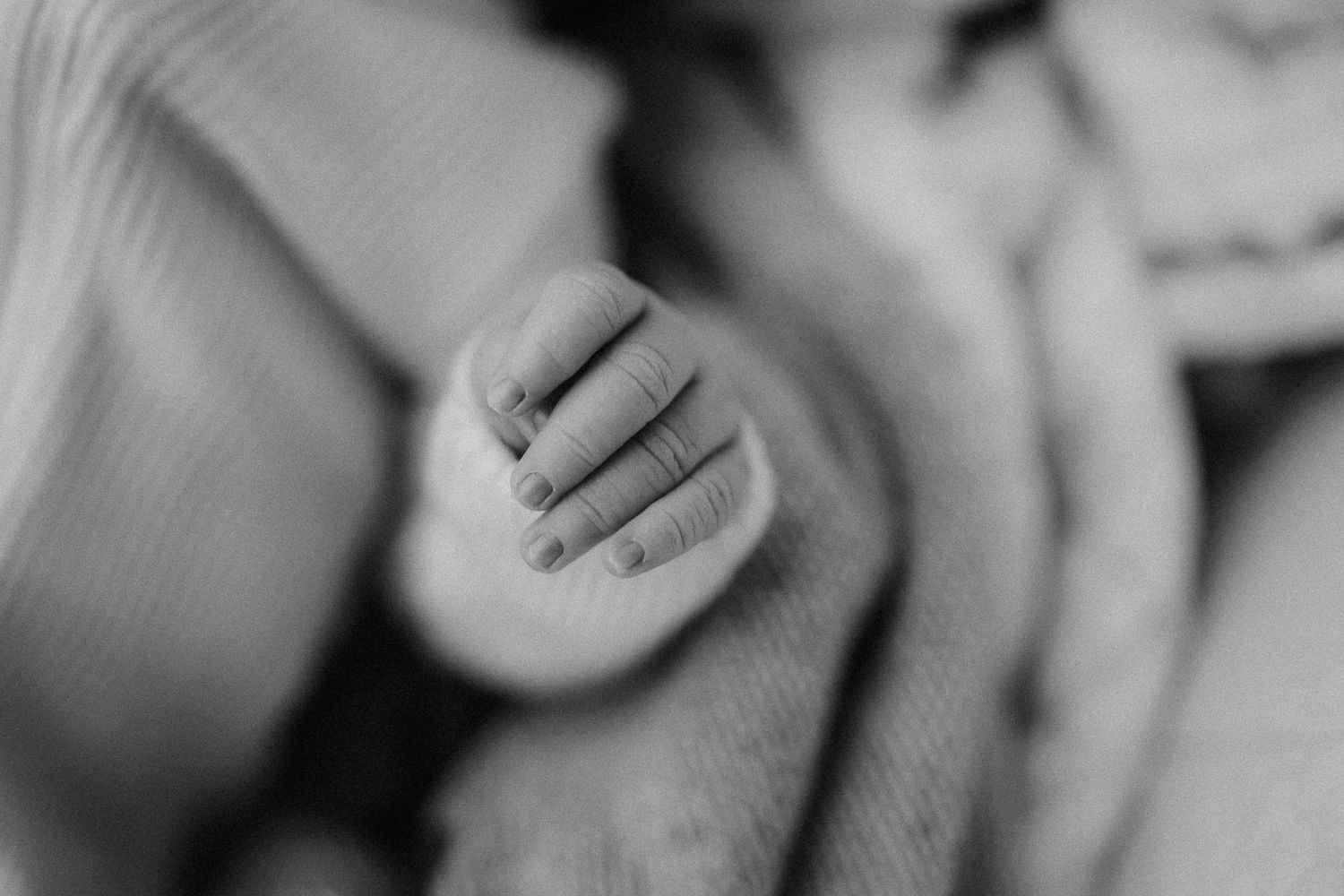 Close-up black and white photograph of a tiny infant hand grasping in soft focus.