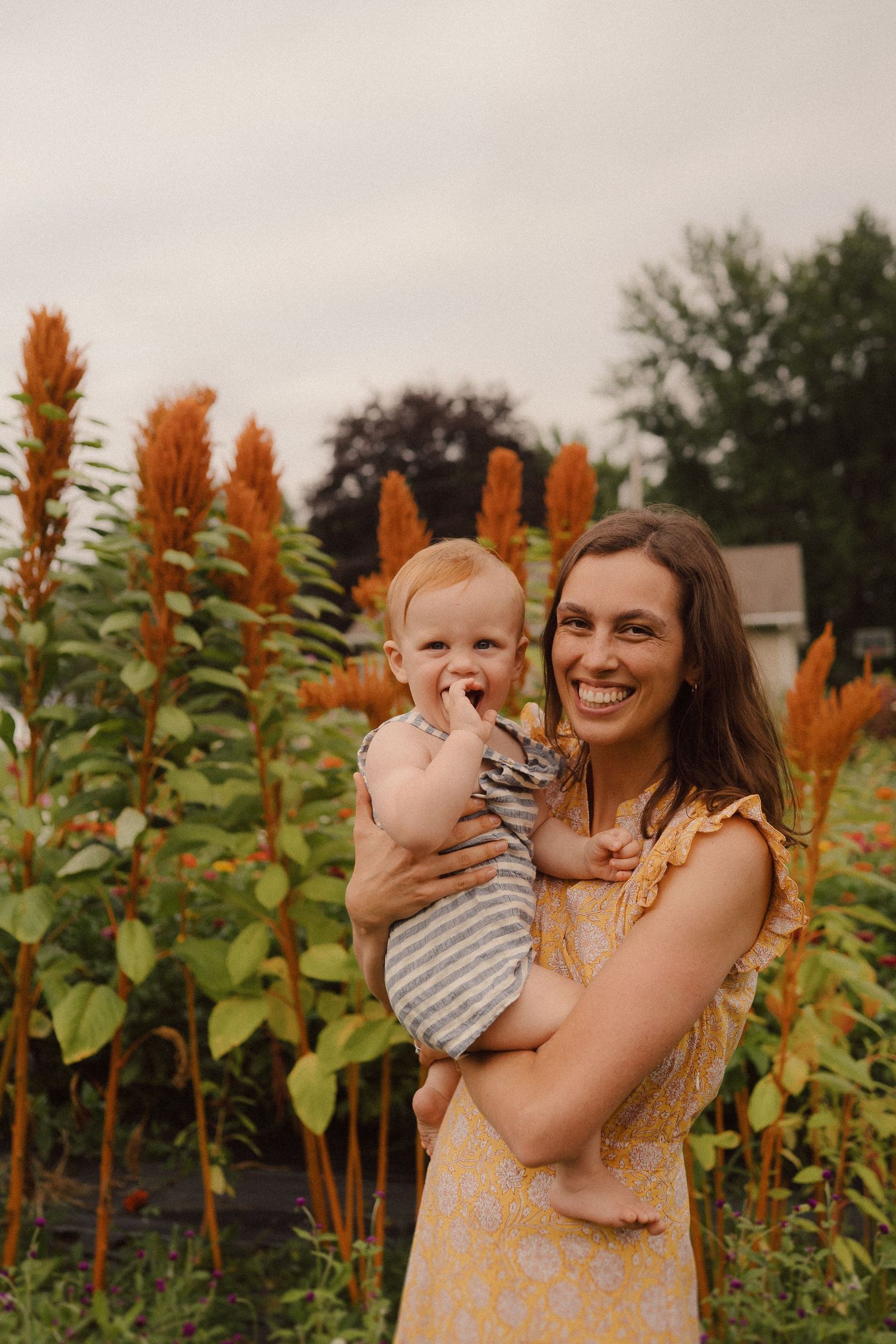 A tender moment captured in a garden with vibrant orange celosia flowers in the background.