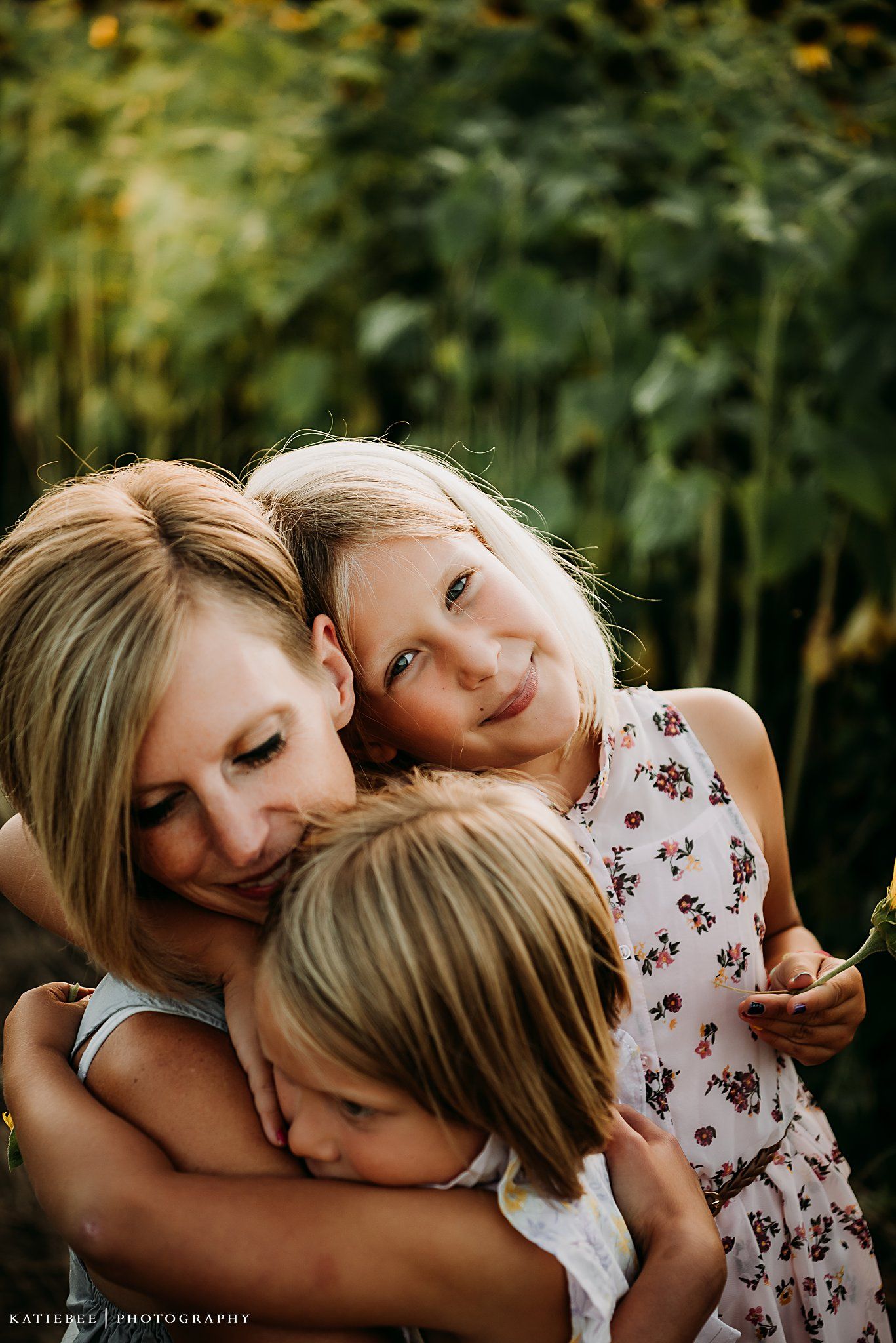 Intimate family cuddle captured during golden hour in a sunflower field setting.
