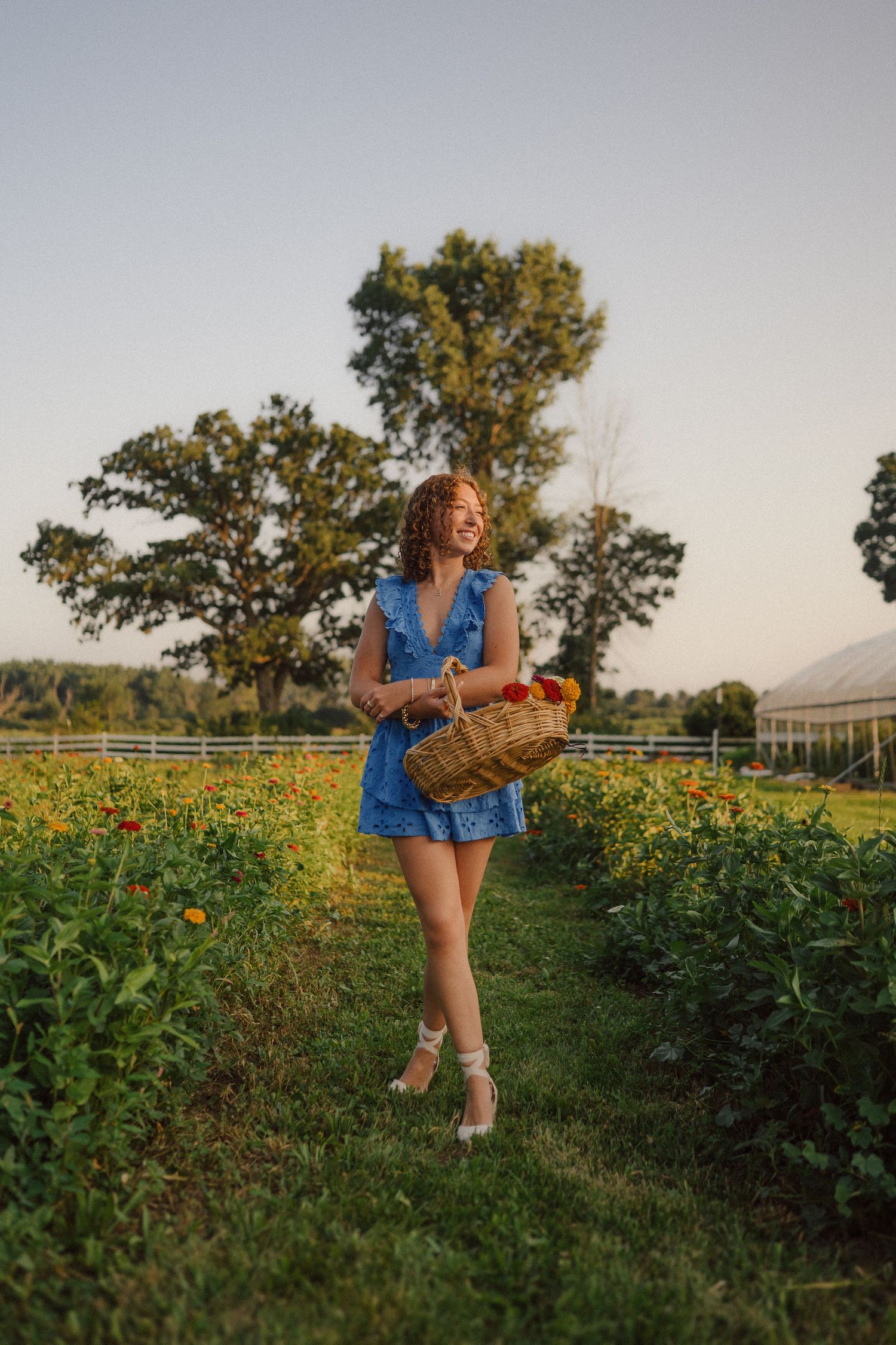 Someone in a blue dress carries a basket while walking through a sunny garden with trees in the background.