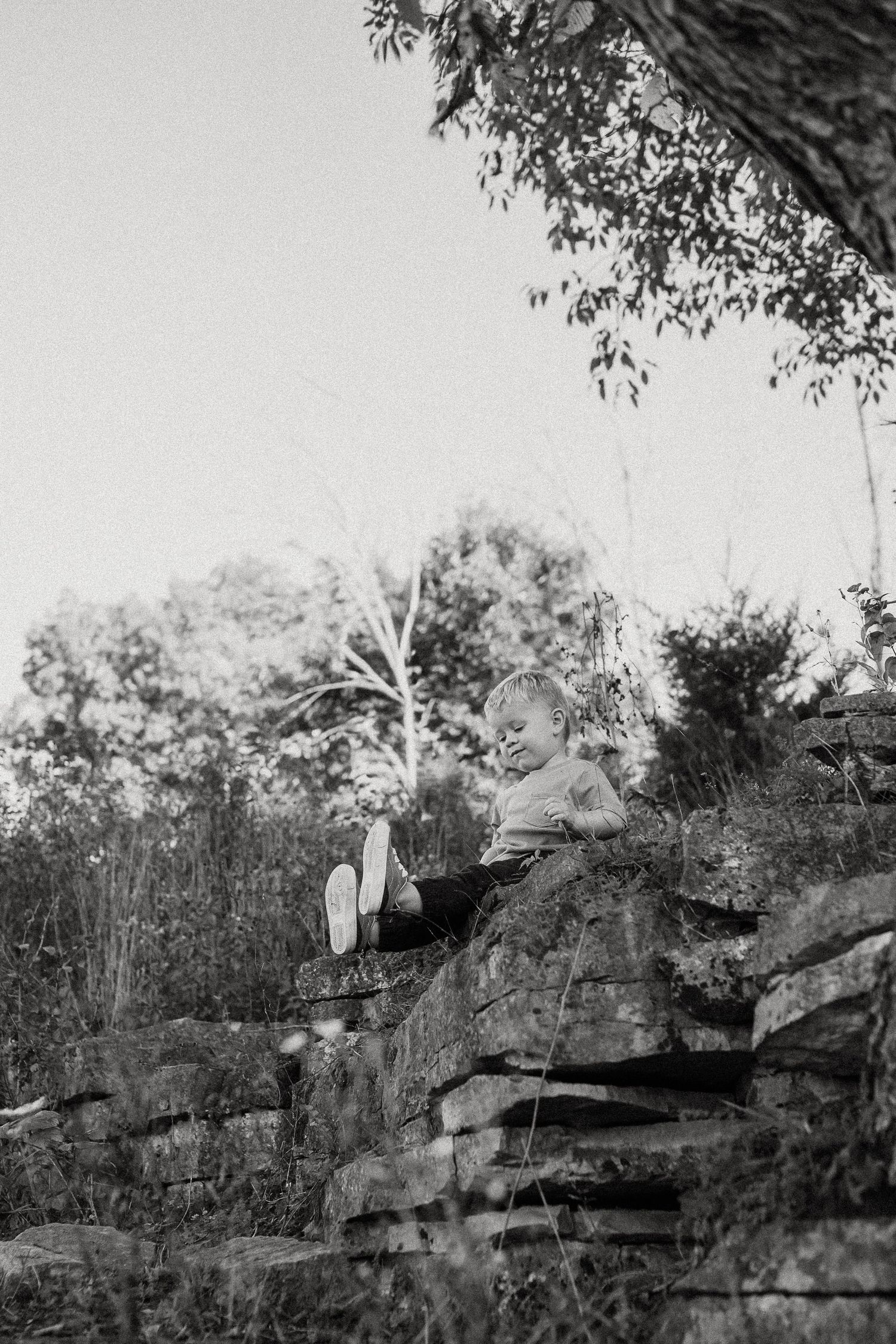 Black and white landscape photograph of rocky cliffs and trees against a moody sky.