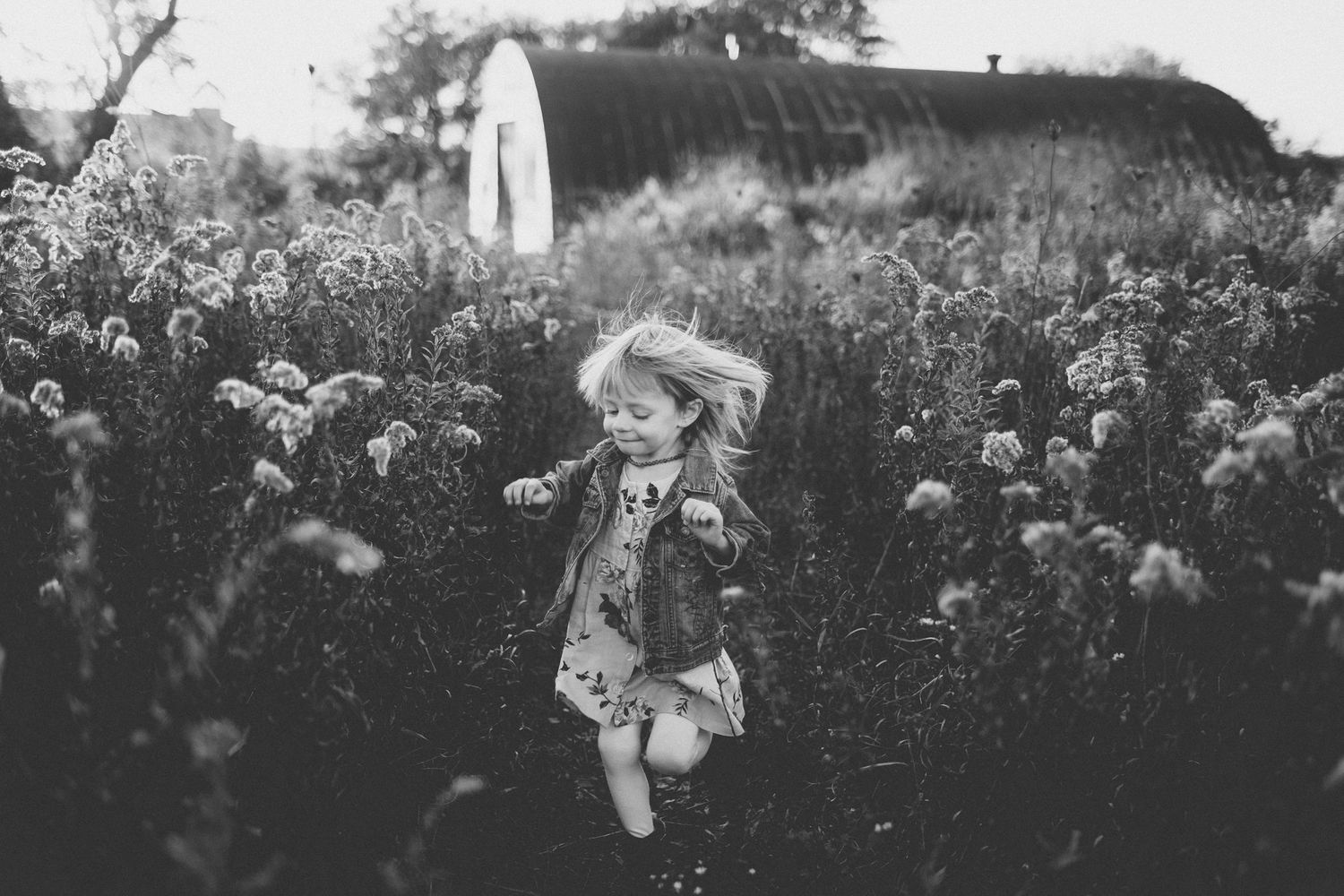 Black and white image of child running through wildflower field near rustic barn.