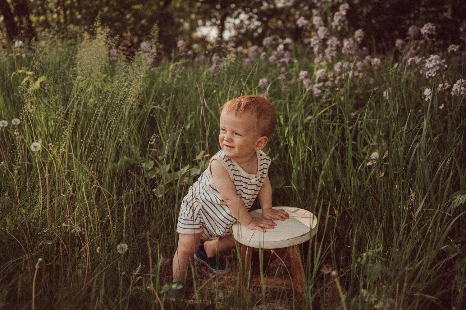 A child sits on a wooden stool among tall grass and flowers in warm sunset lighting.