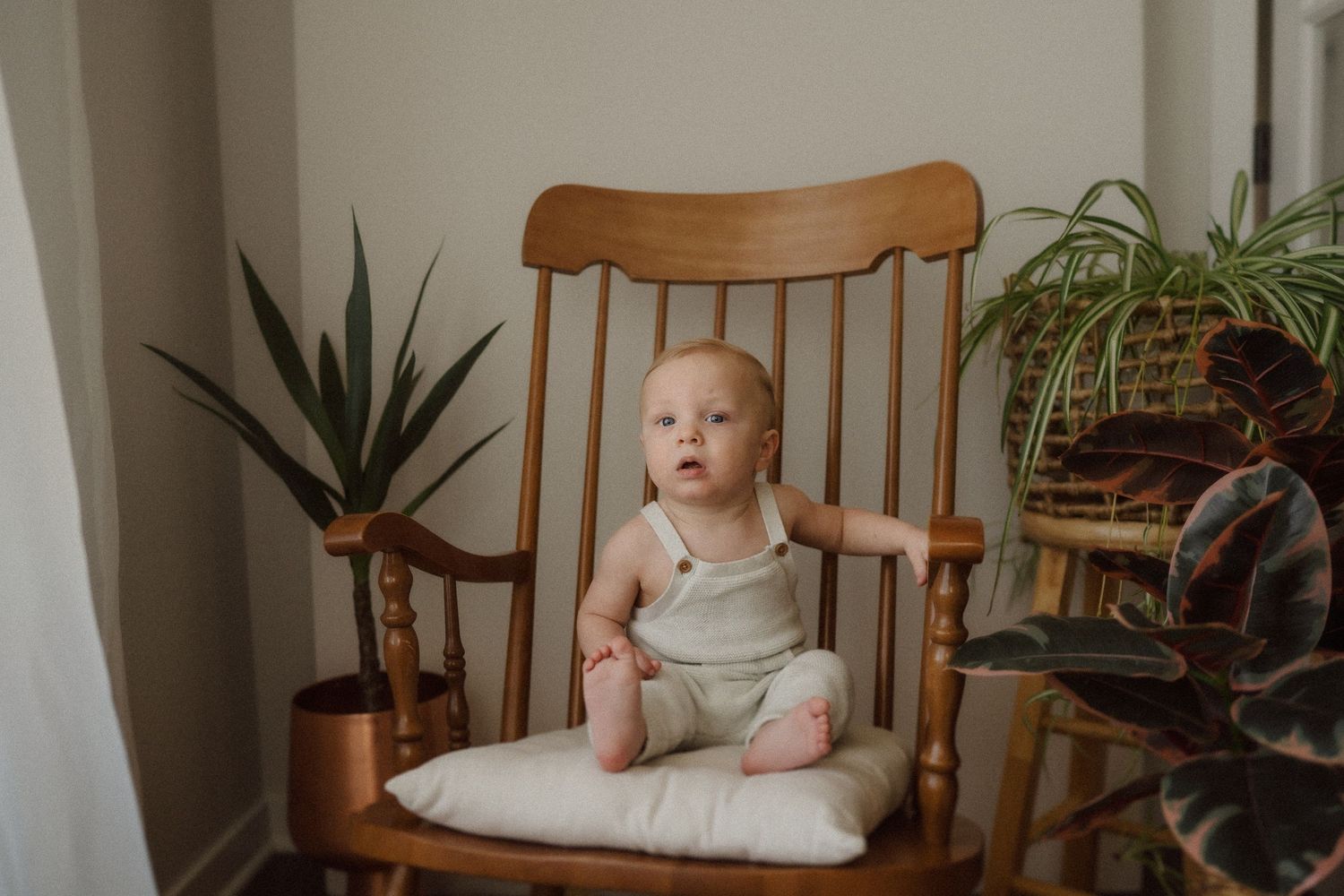 Small infant seated in vintage wooden chair with white cushion next to potted plants.
