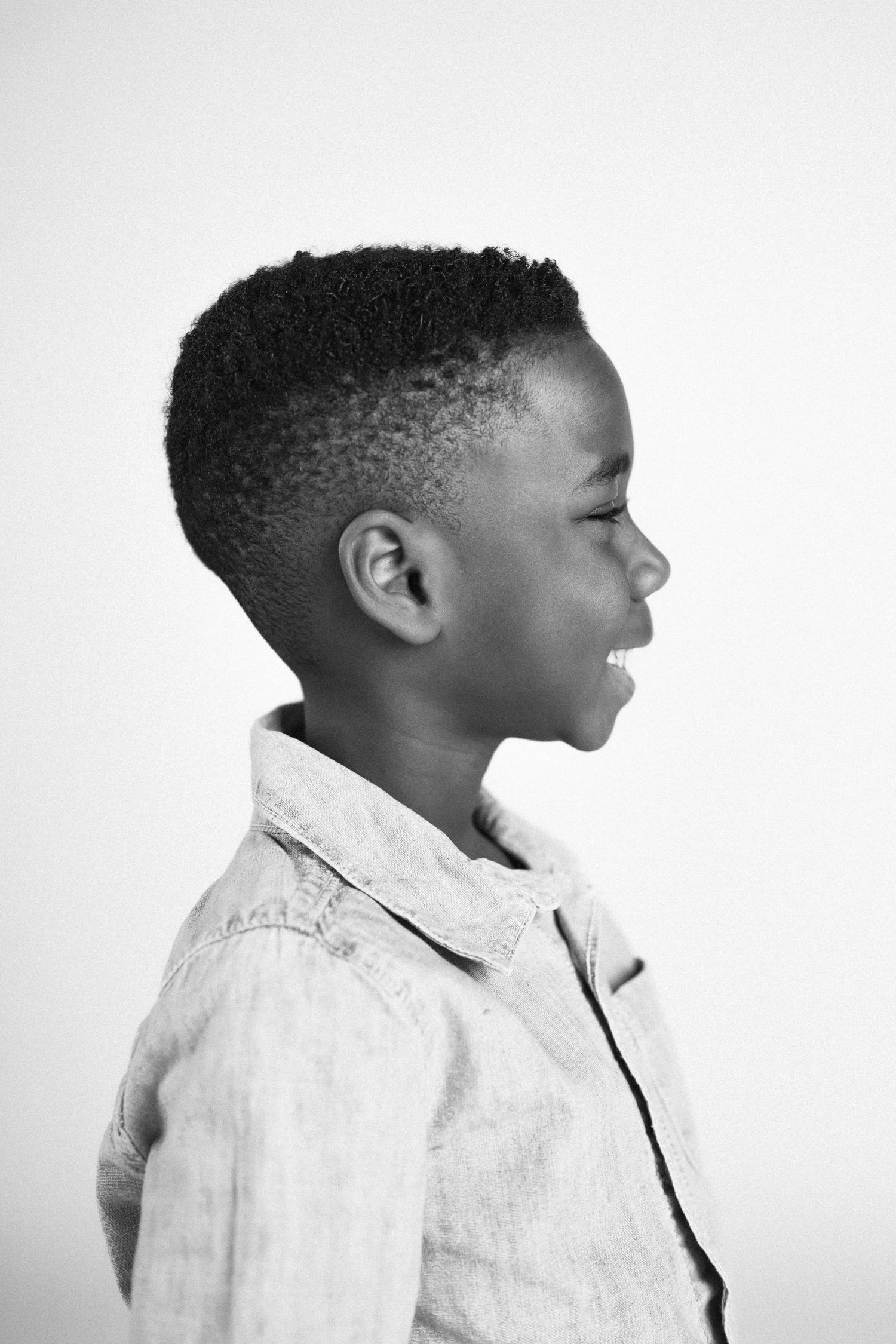 Black and white profile portraits showing a range of emotional expressions in a white shirt.
