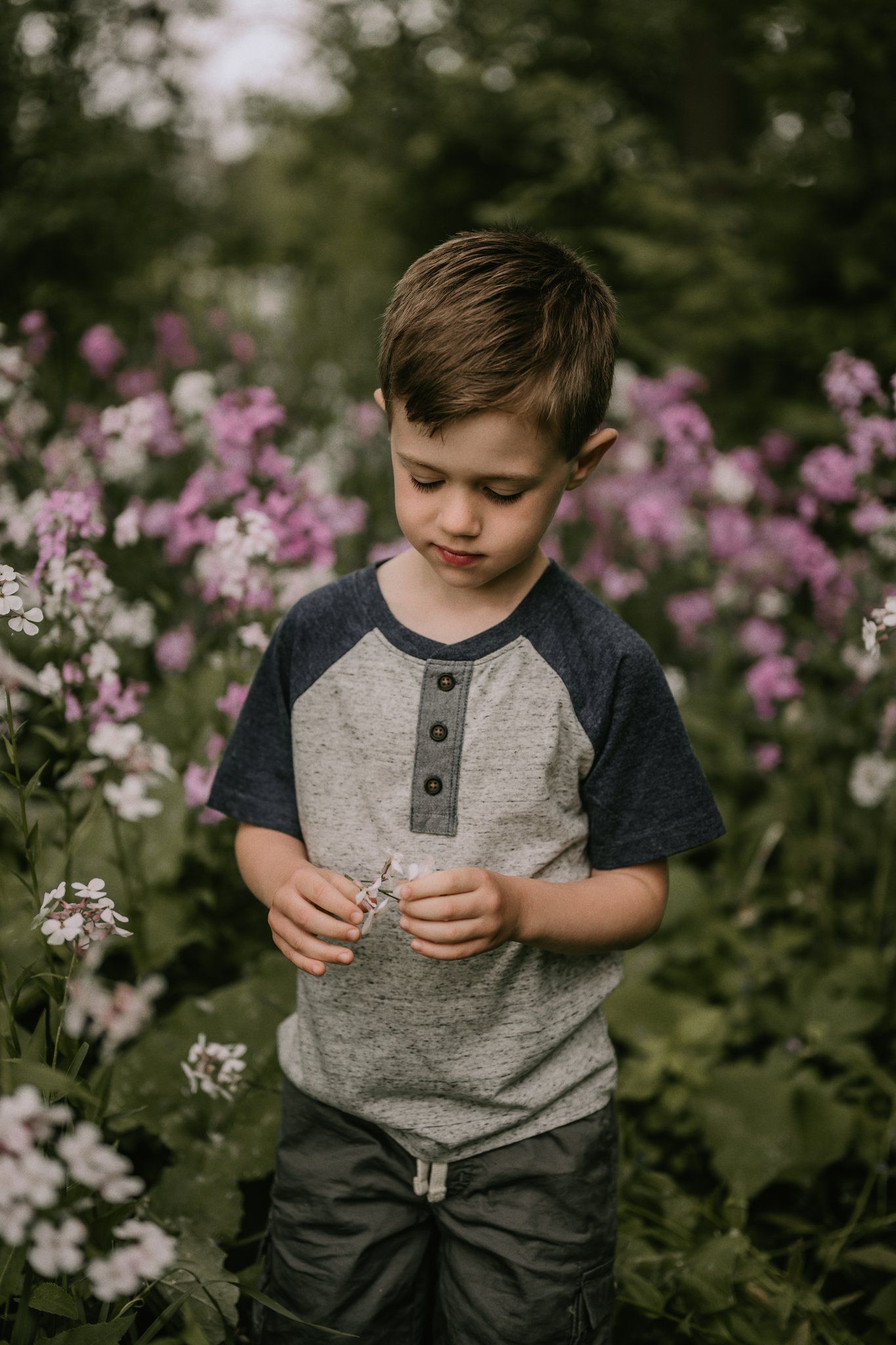 Child in raglan shirt examines flowers while standing among pink blooms in garden.
