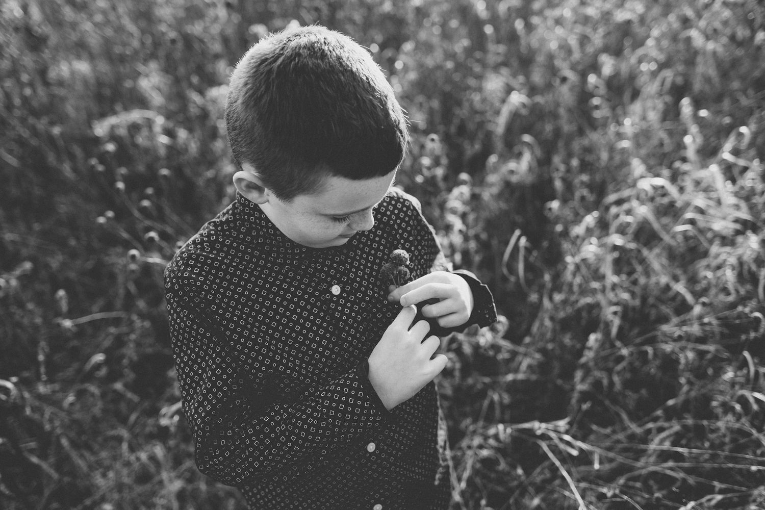 Young boy in polka dot shirt looking down thoughtfully in a field.