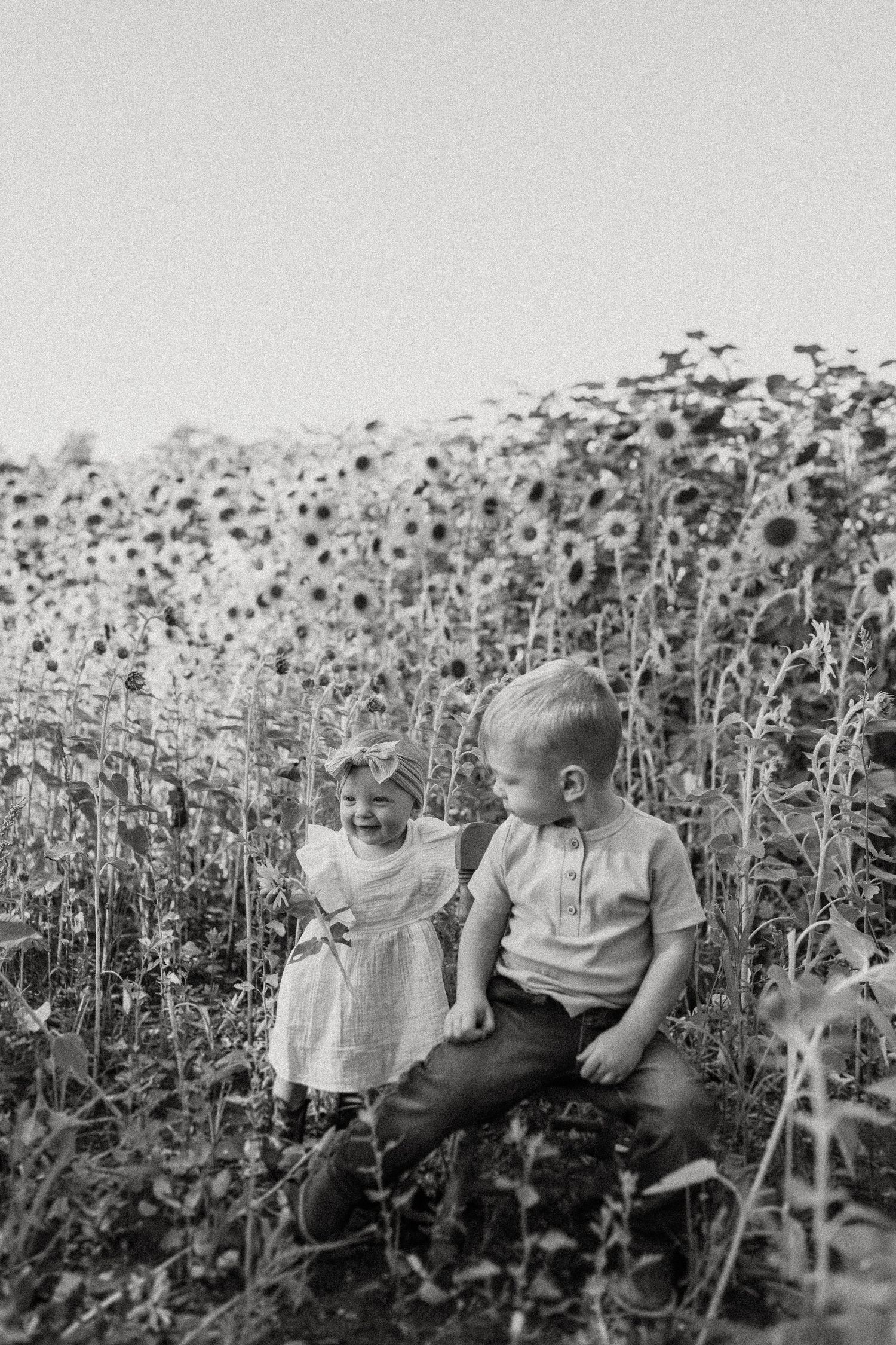 Two small figures sitting among tall sunflowers in a vintage black and white photograph.