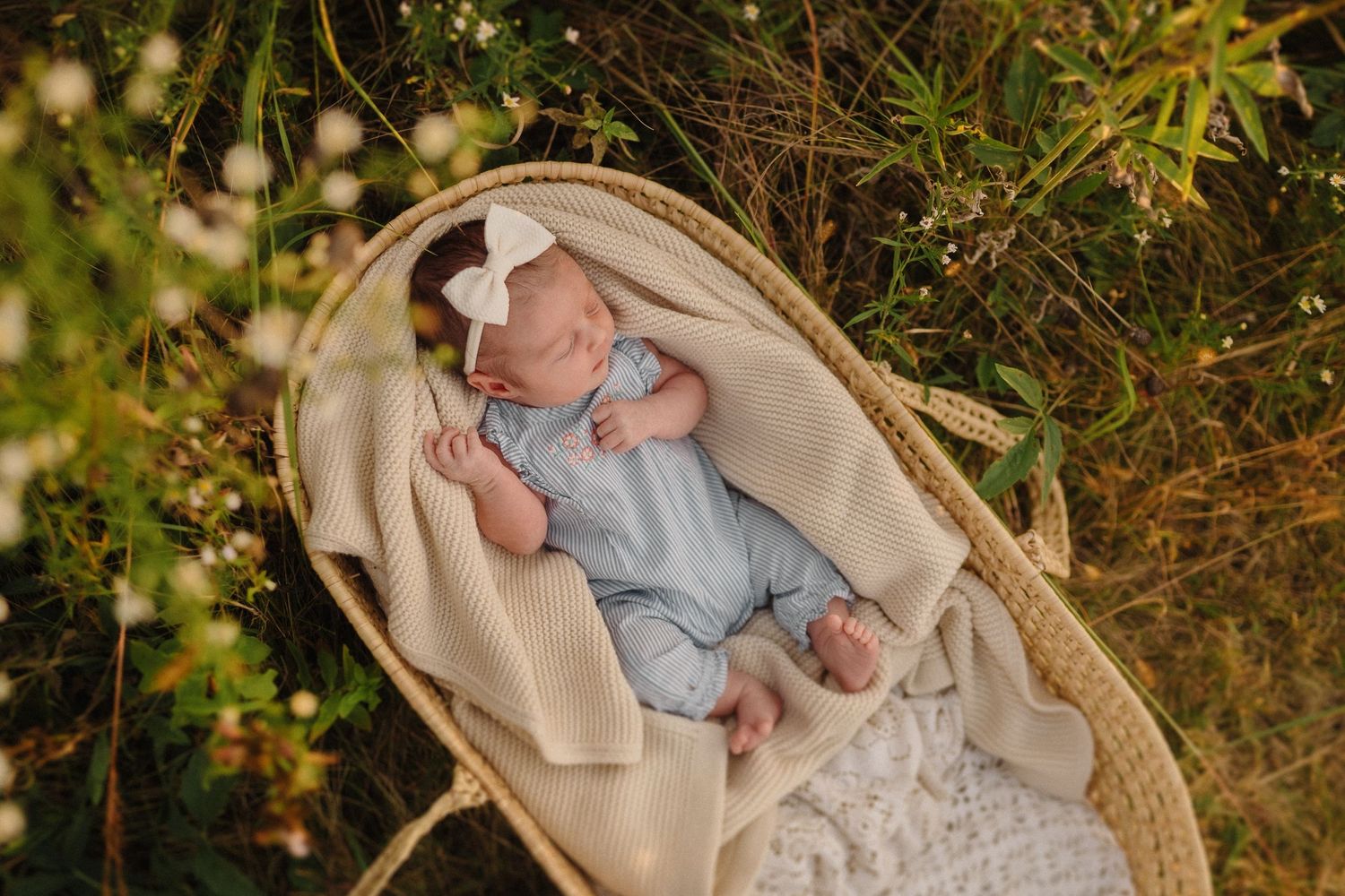 Sleeping baby in light blue outfit nestled in cream-colored Moses basket surrounded by greenery.