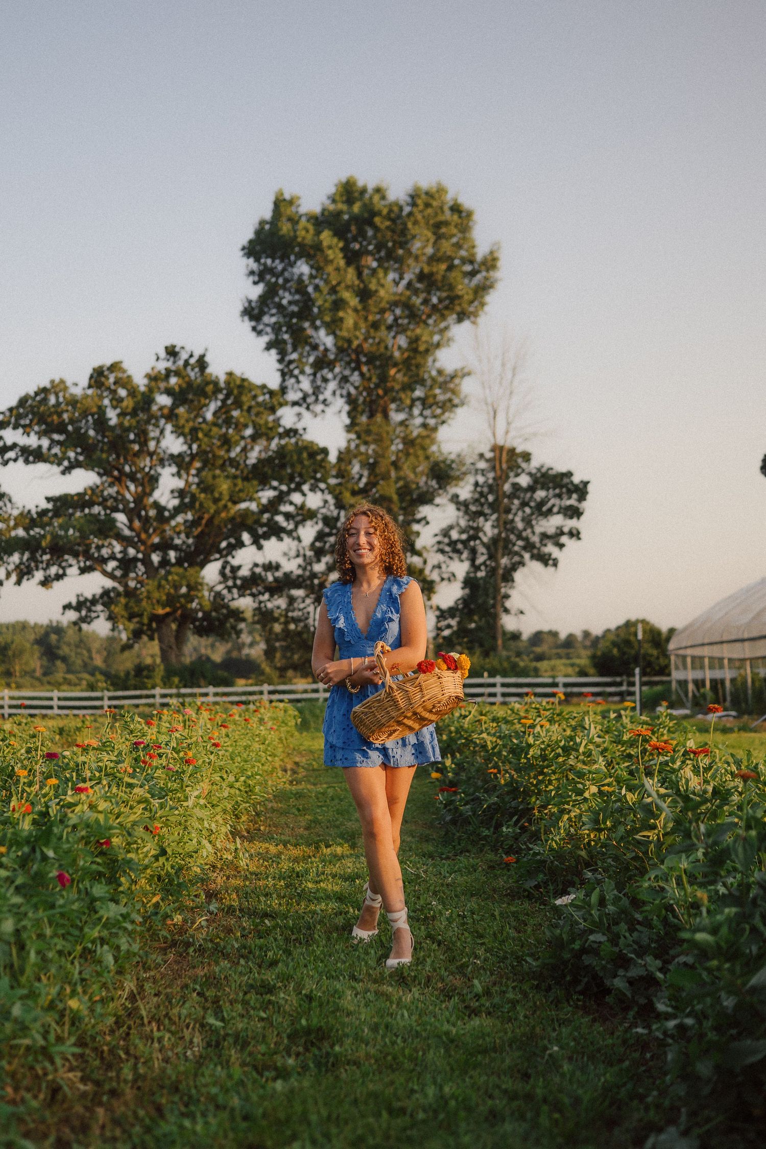 Person in blue dress strolling through a vibrant garden with flowers at sunset while carrying a woven basket.