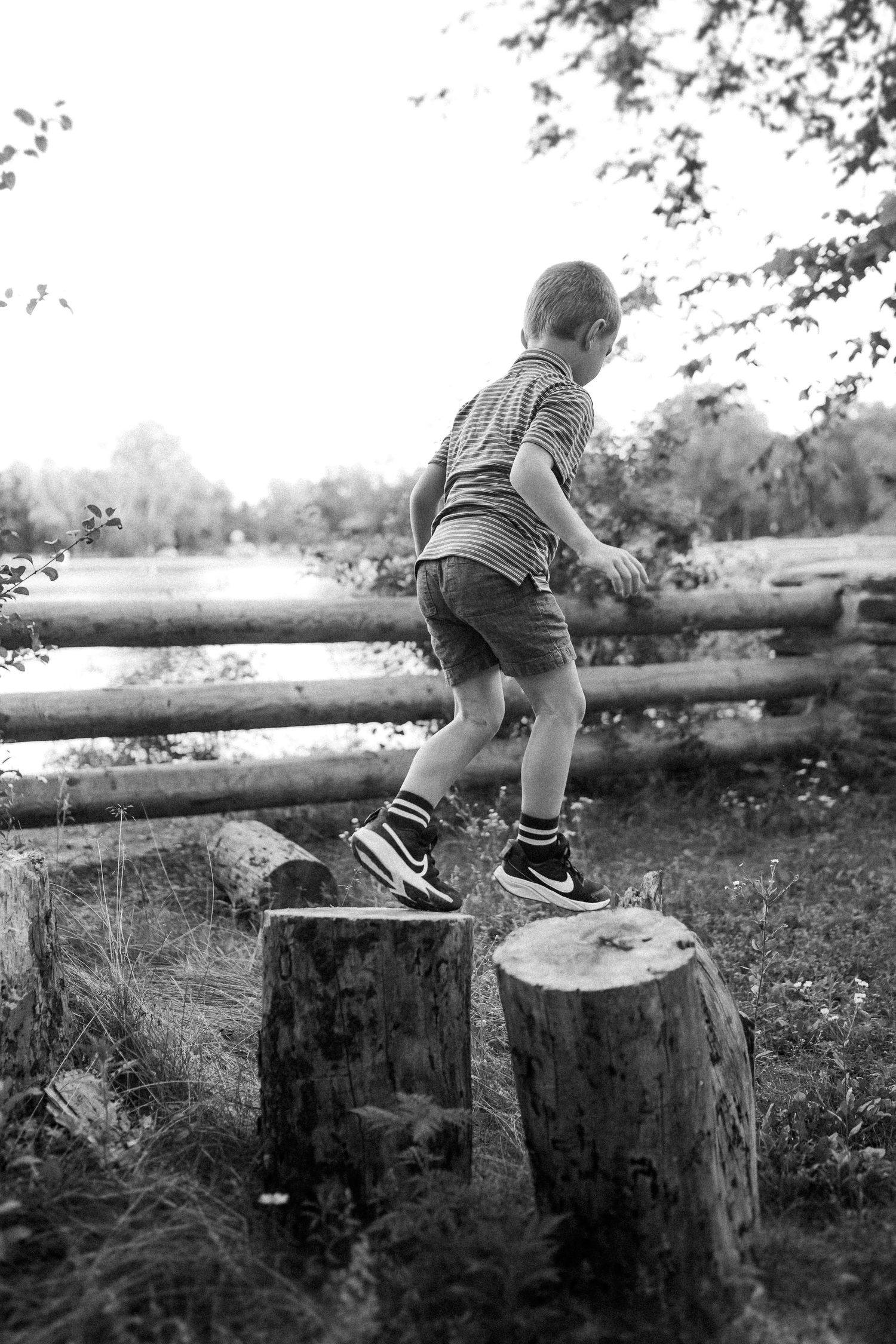 A young child balances on tree stumps in a black and white photo with a rustic fence in the background.