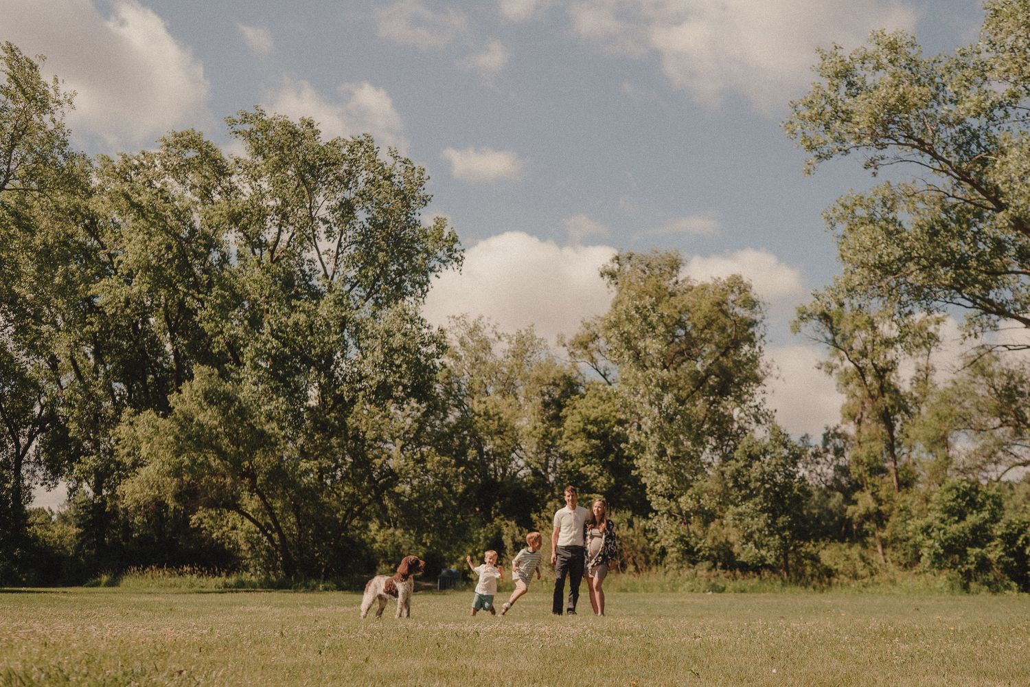 A family with children and a dog plays together in a wide open grassy park under blue skies.