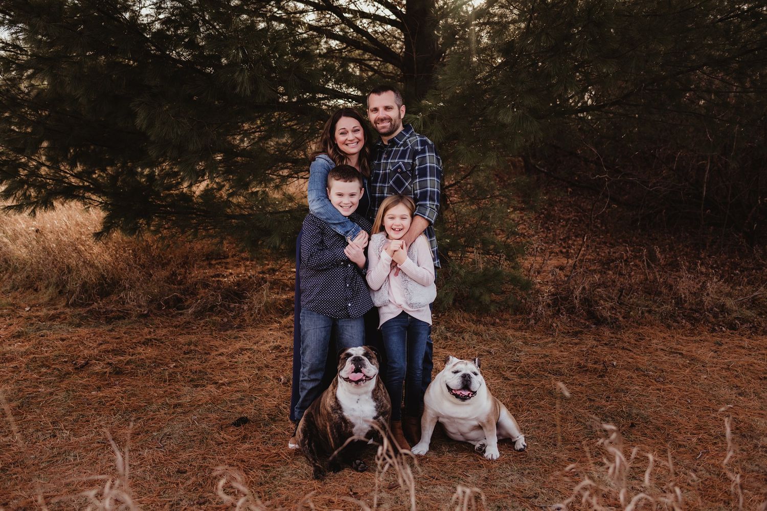 Outdoor family photo with two bulldogs sitting in front of evergreen trees.