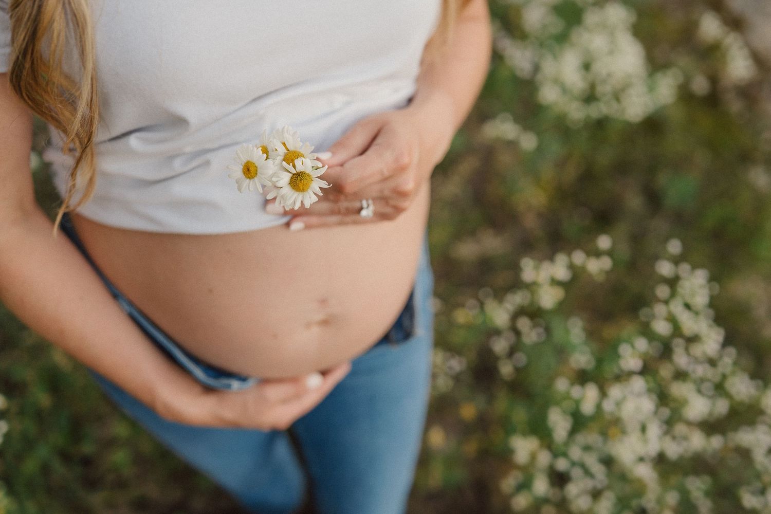 Close-up shots of expecting parents holding hands over growing baby bump among wildflowers.