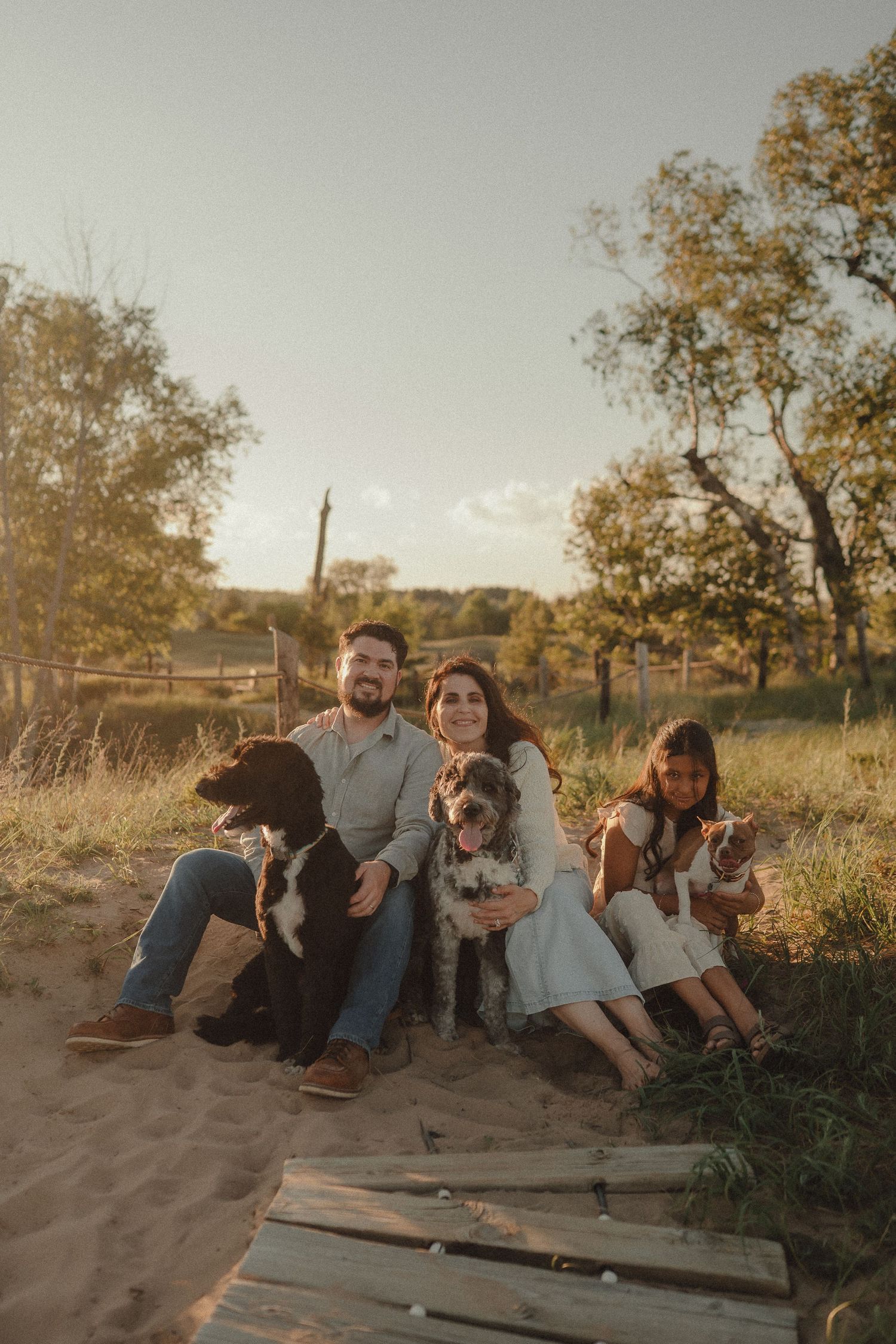Family with three dogs sits together on sandy beach during warm sunset light.