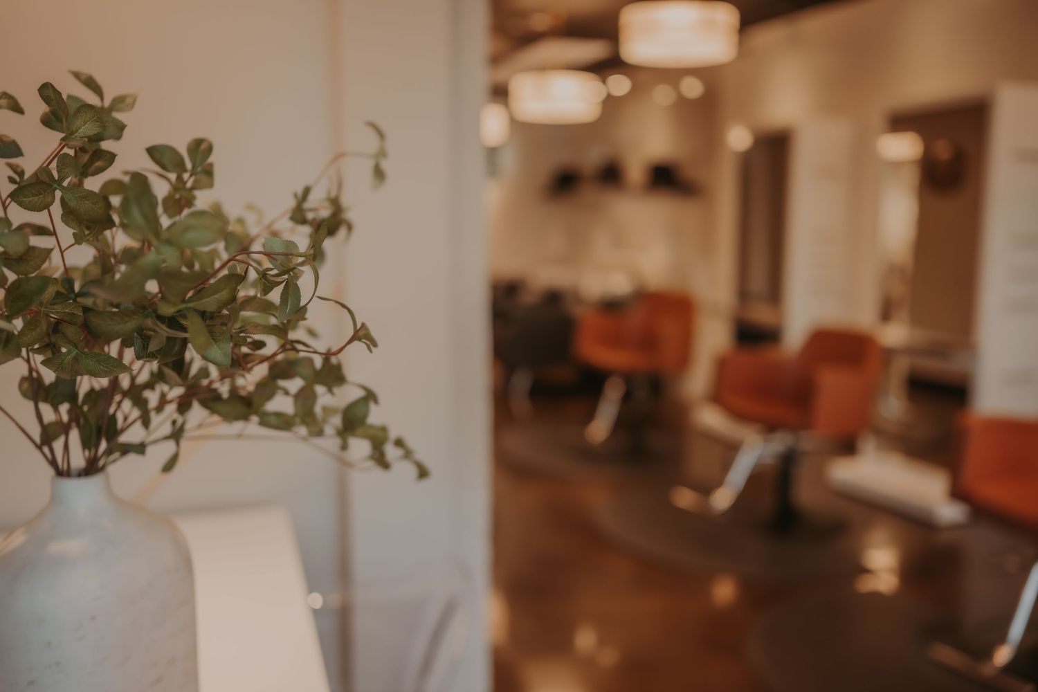 Minimalist salon interior with green plant decor and row of orange styling chairs visible in background.
