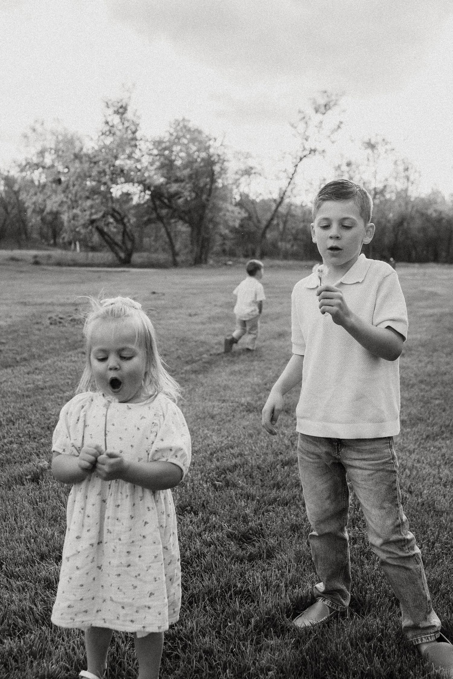 Black and white photo of two children blowing dandelions in a grassy park with a third child running in background.