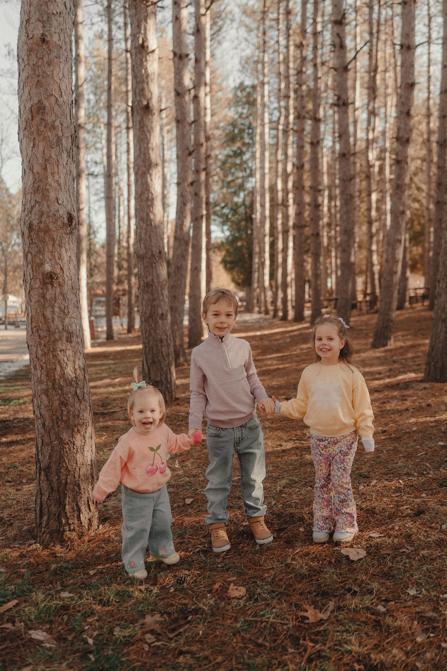 Three young children stand together on a pine needle covered forest floor surrounded by tall evergreen trees.